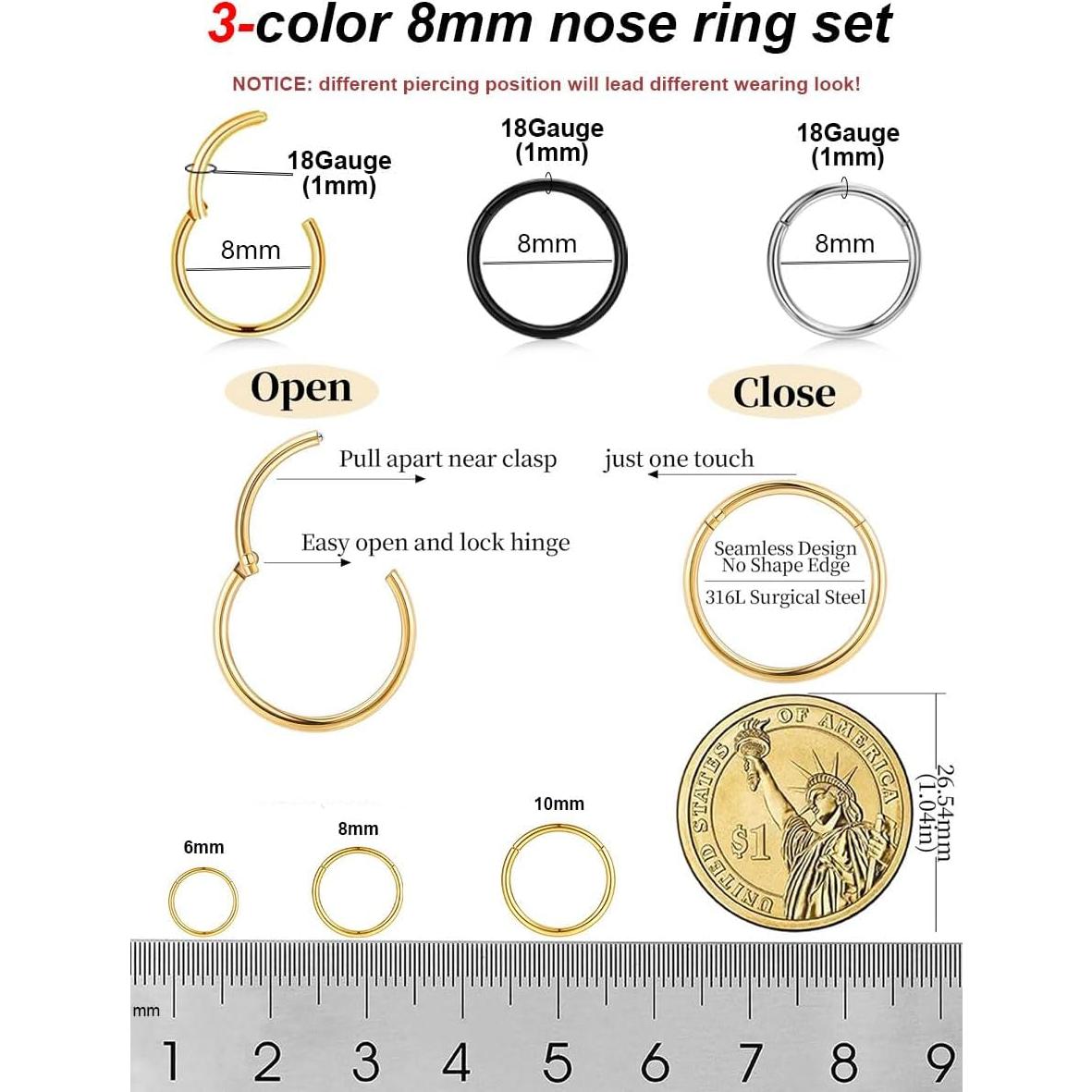 Conjunto de Aros y Studs de Nariz Acero Quirúrgico 316L 3 Piezas