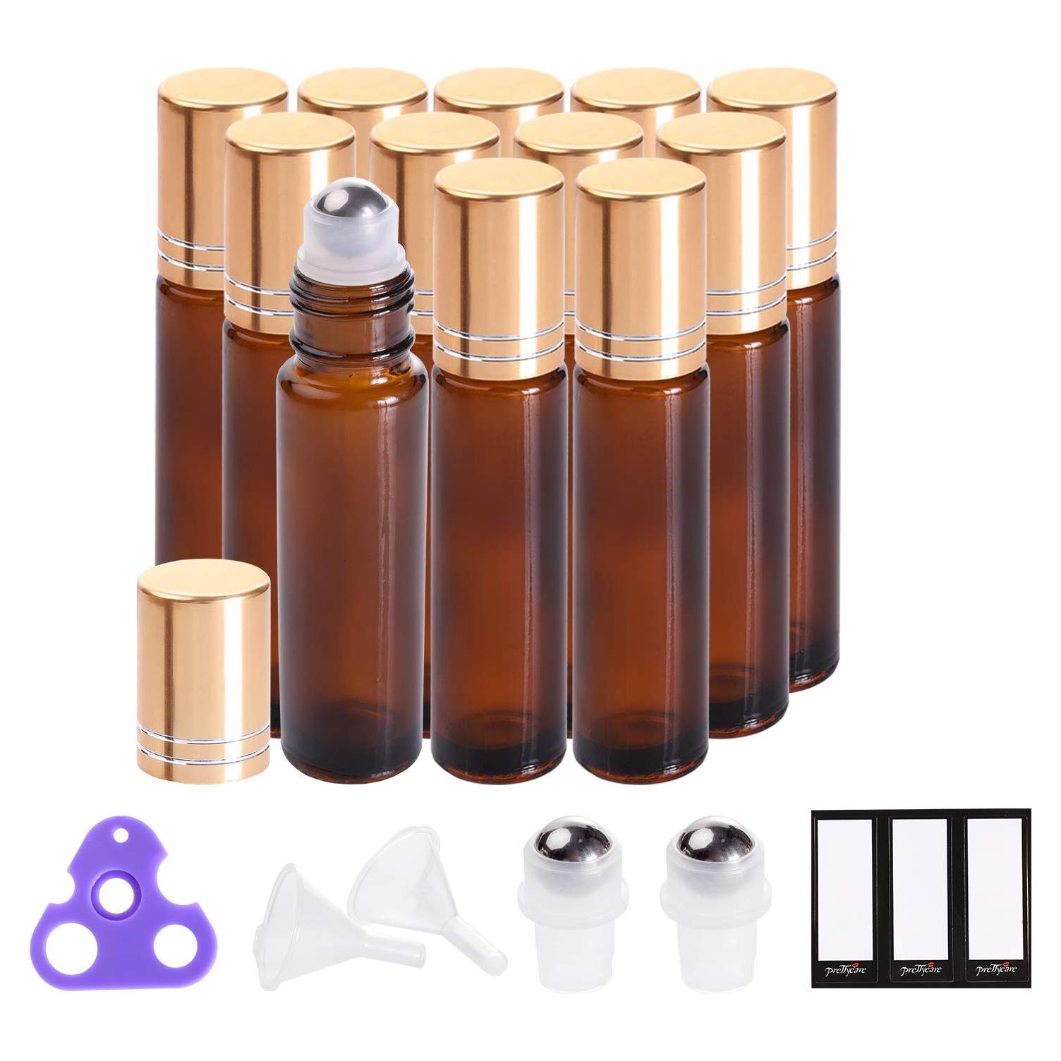 12 Botellas de Aceite Esencial Reutilizables PrettyCare 10 ml Ámbar