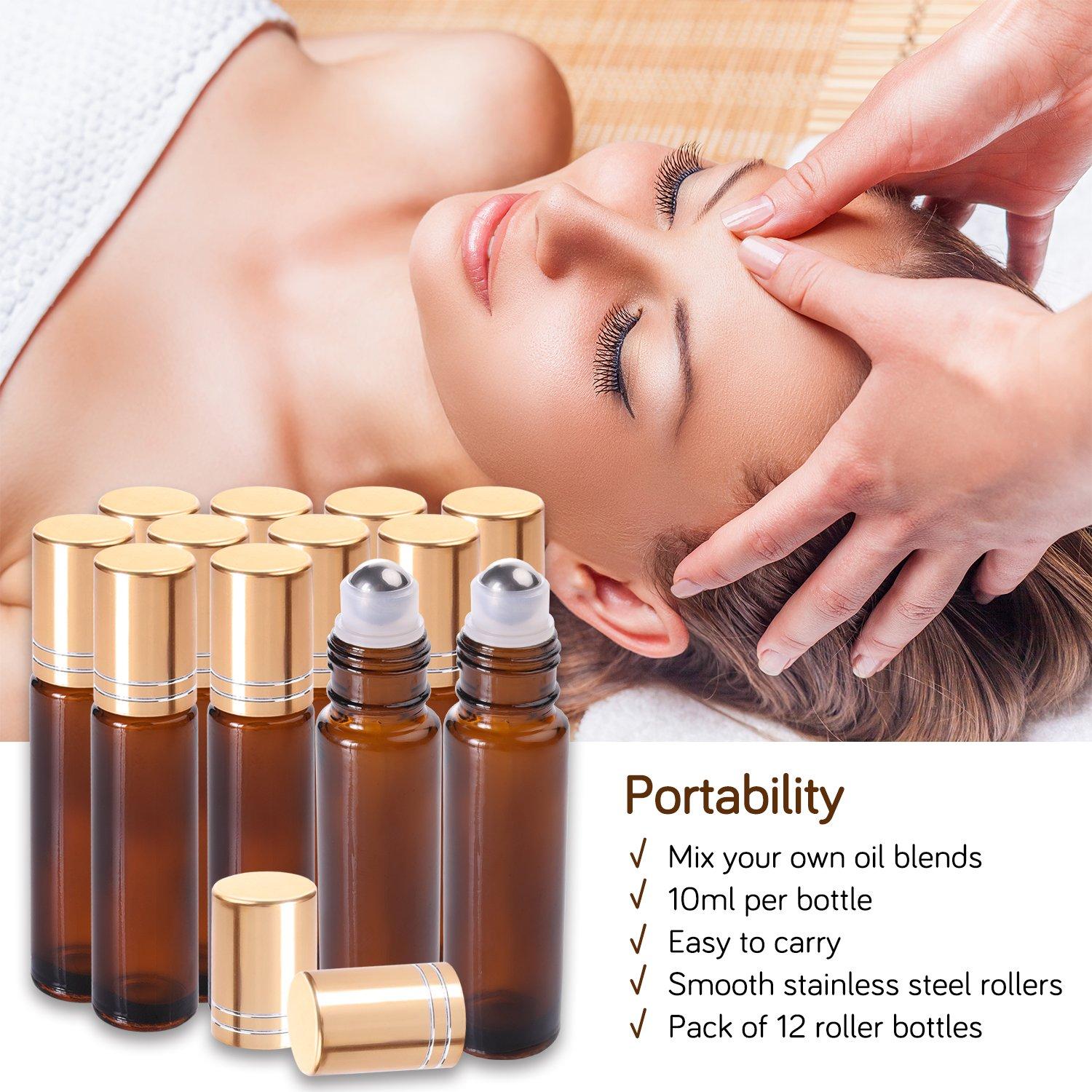 12 Botellas de Aceite Esencial Reutilizables PrettyCare 10 ml Ámbar