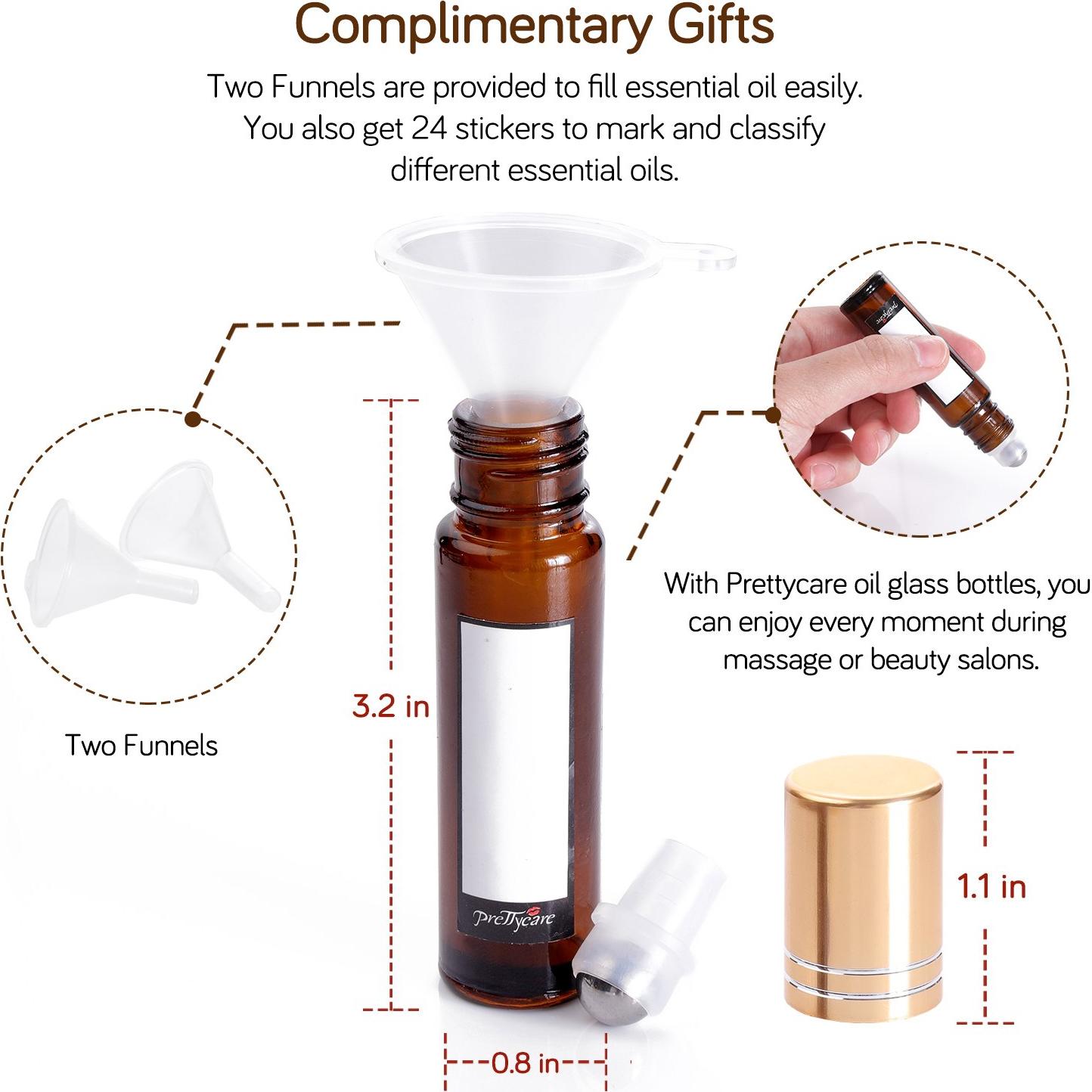 12 Botellas de Aceite Esencial Reutilizables PrettyCare 10 ml Ámbar