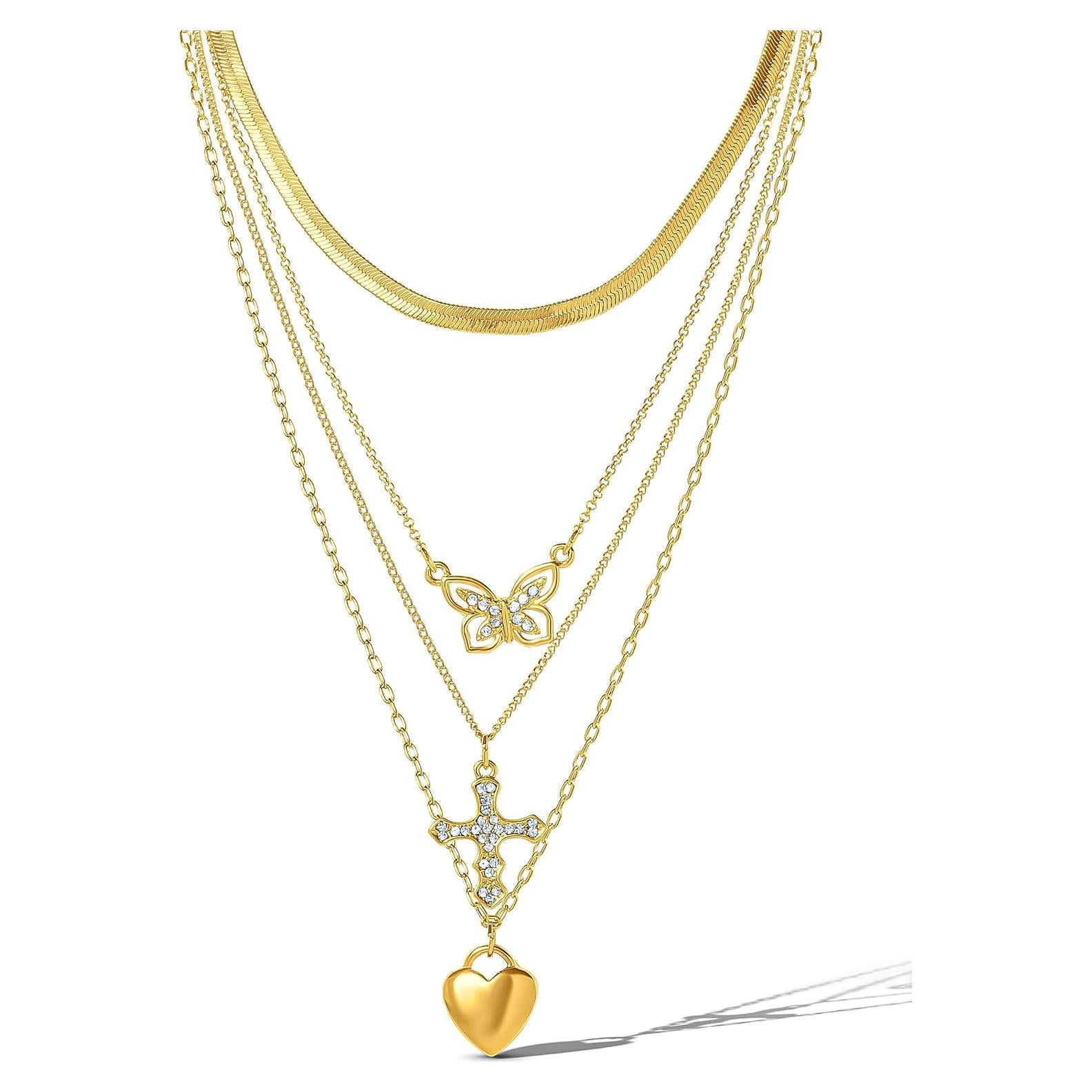 Collar en capas dorado Jessica Simpson con mariposa y cruz 35.56-50.8 cm