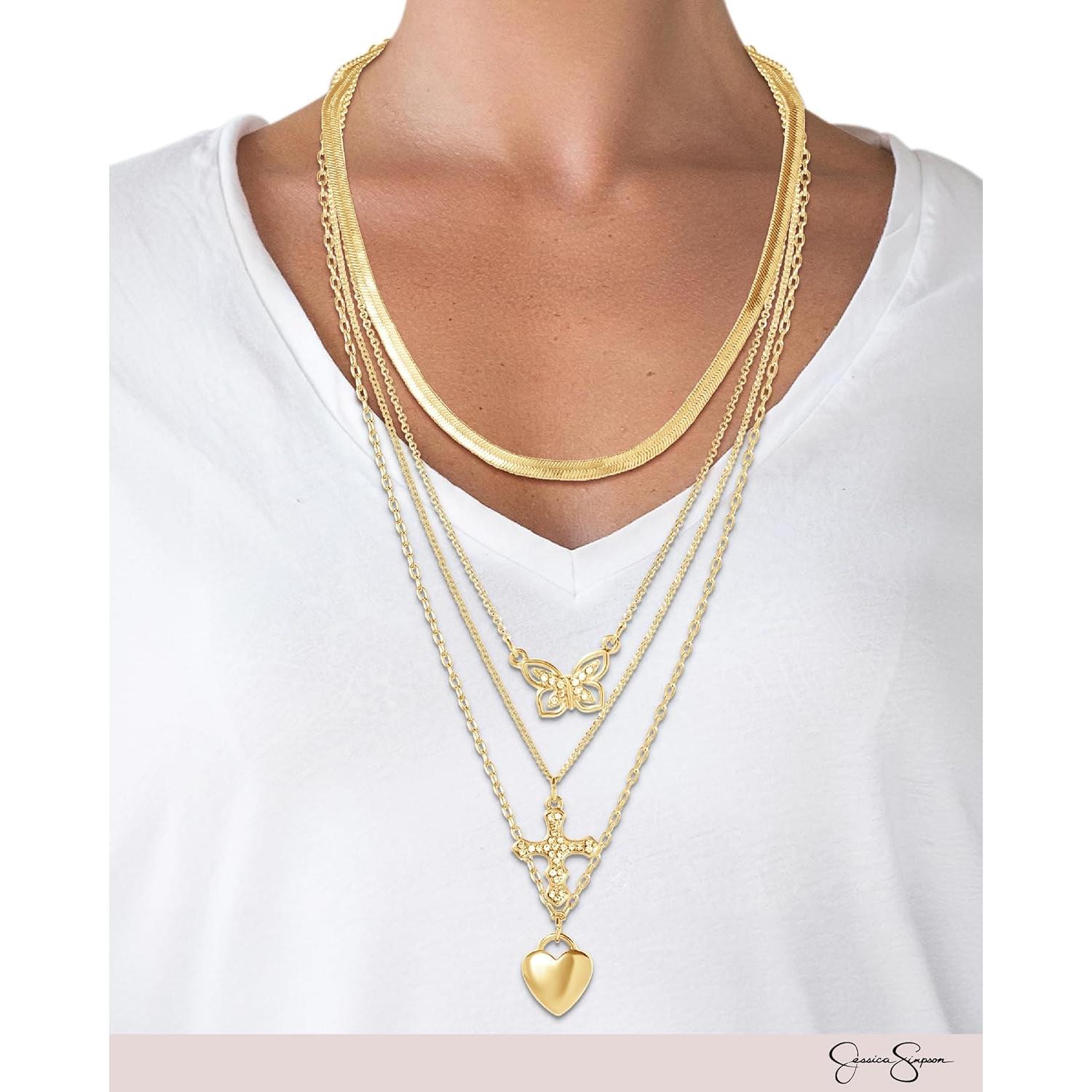 Collar en capas dorado Jessica Simpson con mariposa y cruz 35.56-50.8 cm