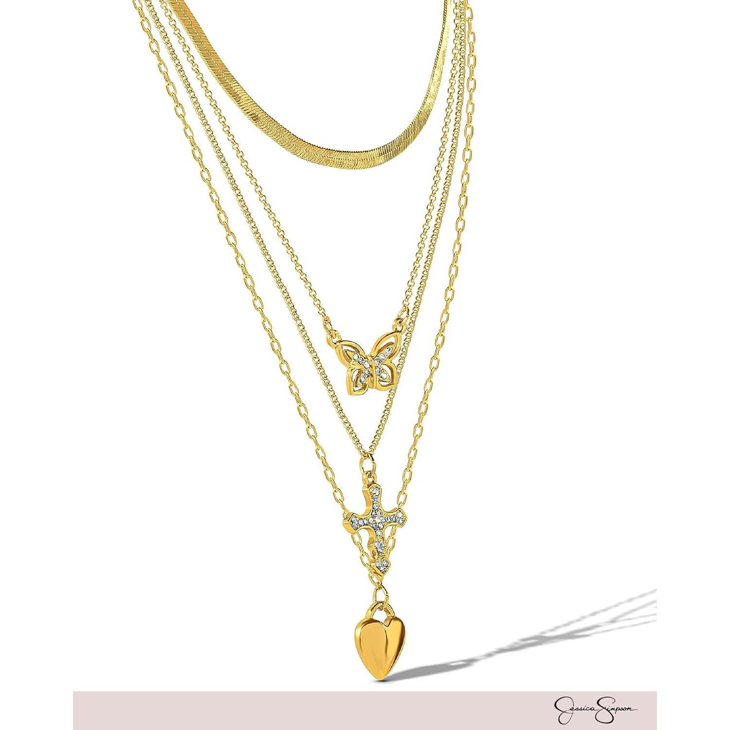 Collar en capas dorado Jessica Simpson con mariposa y cruz 35.56-50.8 cm