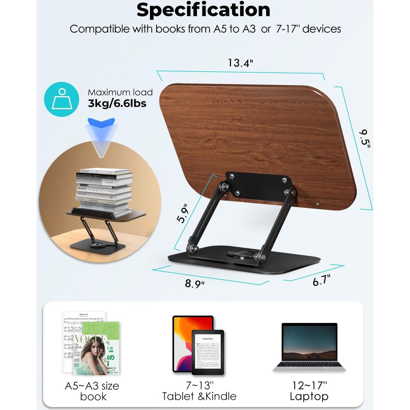 Soporte de Libro Viozon Ajustable 360° Madera Oscura