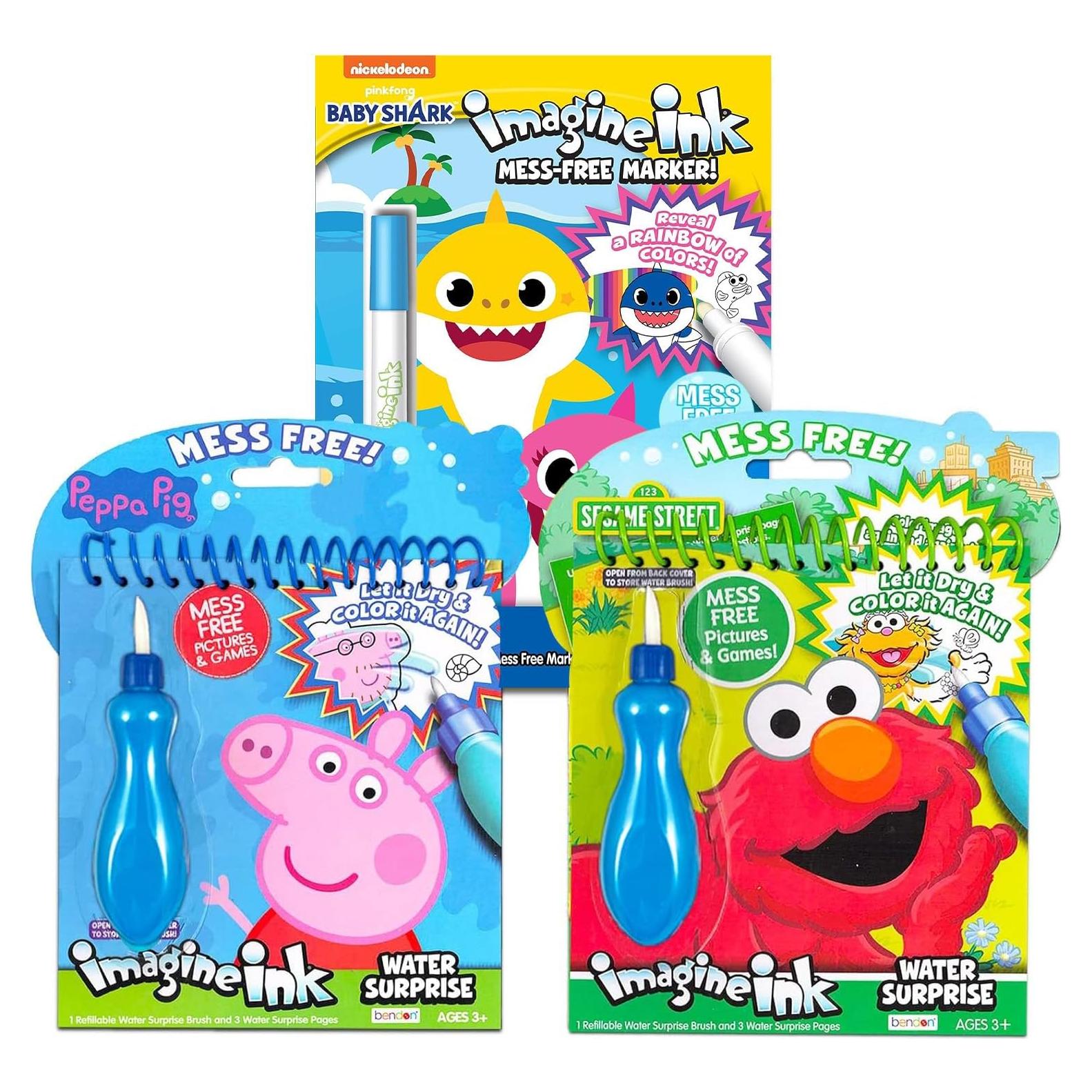 Set de Pintura con Agua Bendon - 3 Libros Baby Shark, Peppa Pig y Plaza Sésamo