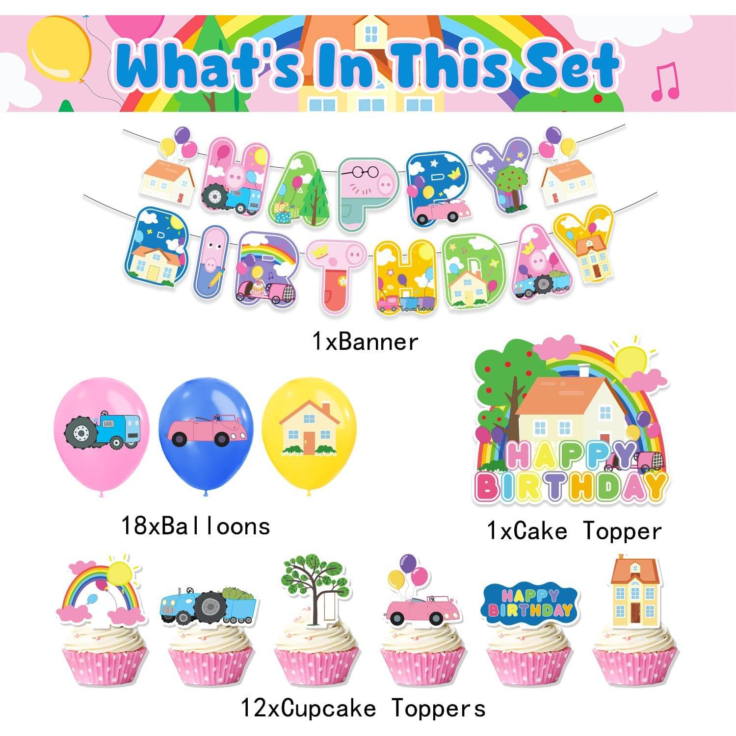 Suministros Fiesta Cumpleaños Cerdito Rosa - Banderín, Globos, Decoraciones