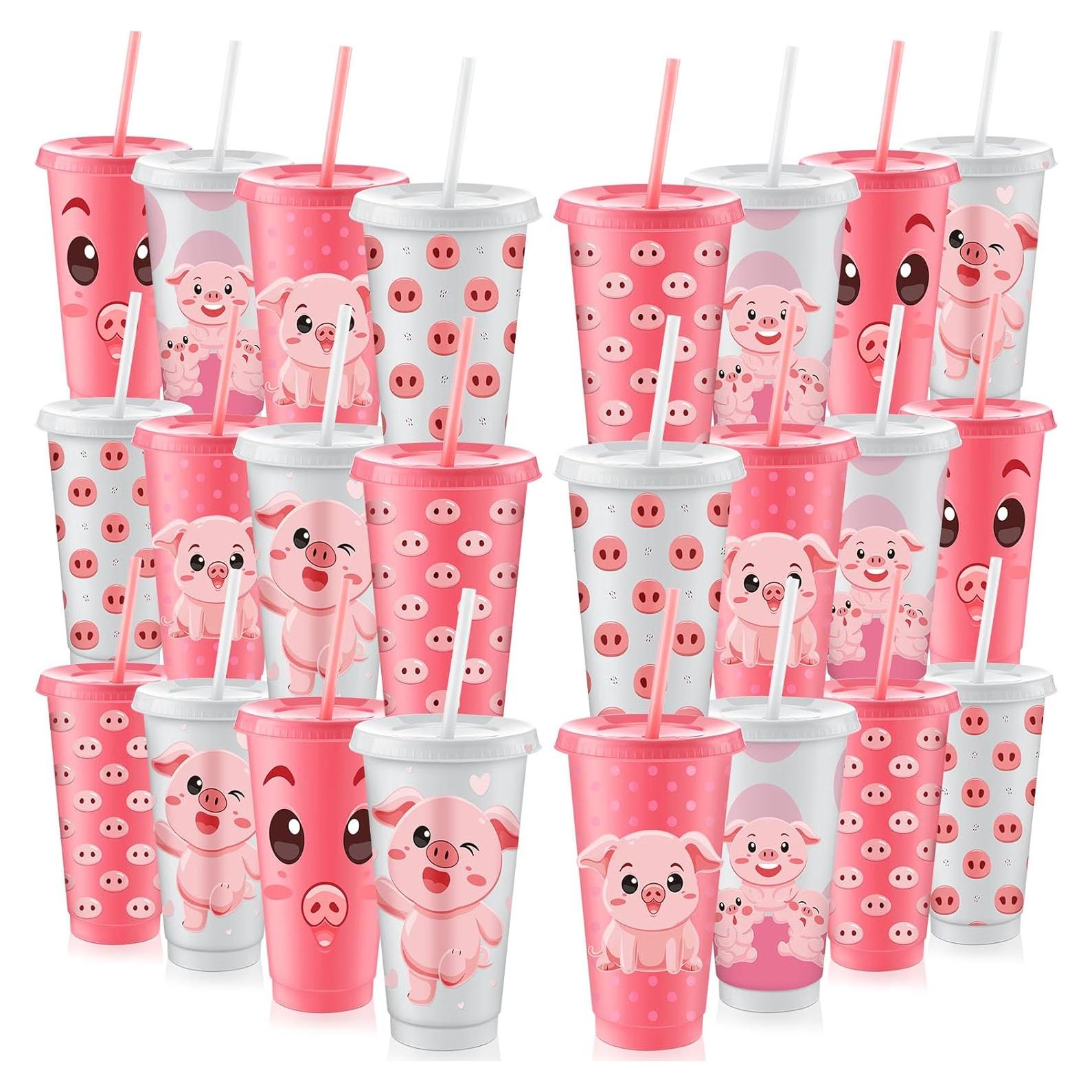 Vasos de Cerdo Nezyo 24 Pcs Reutilizables 710 ml con Pajitas