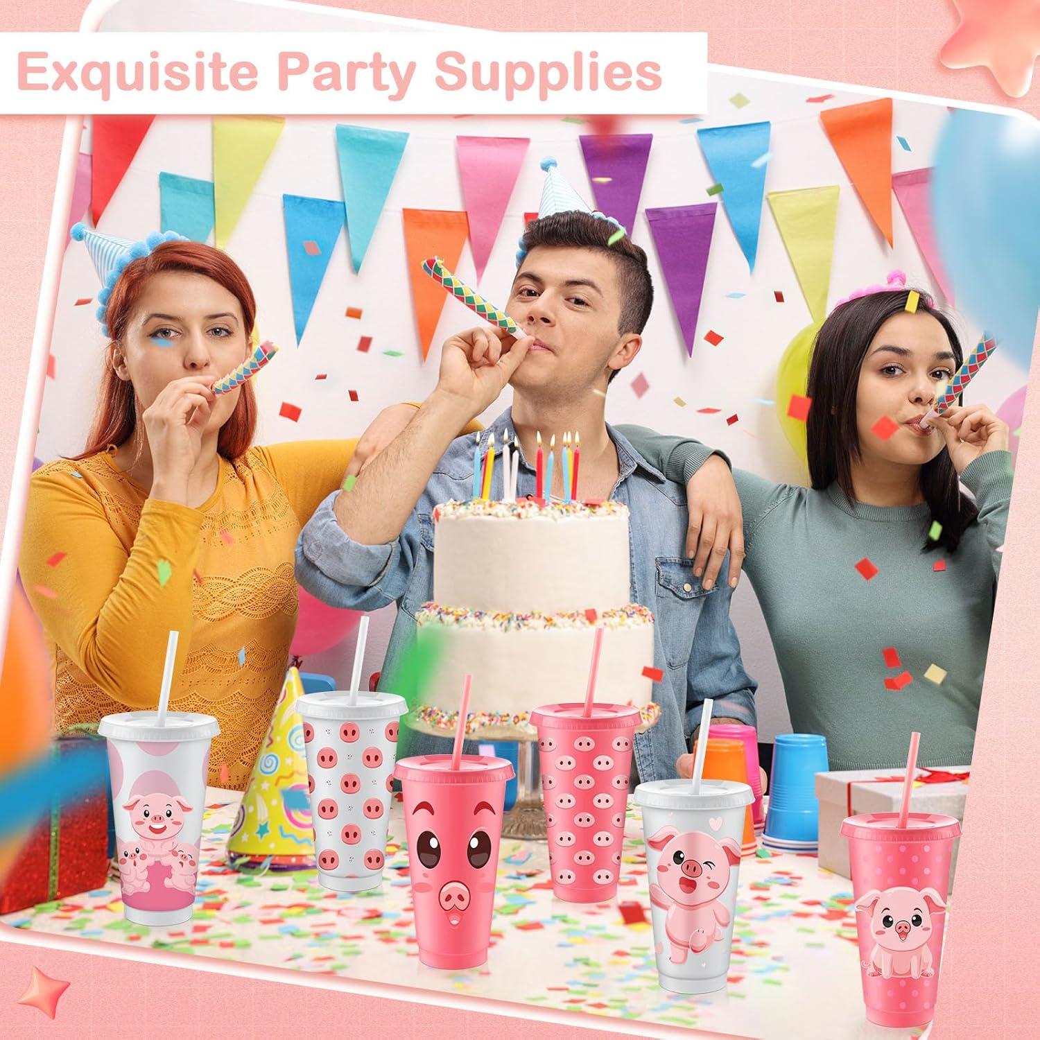 Vasos de Cerdo Nezyo 24 Pcs Reutilizables 710 ml con Pajitas