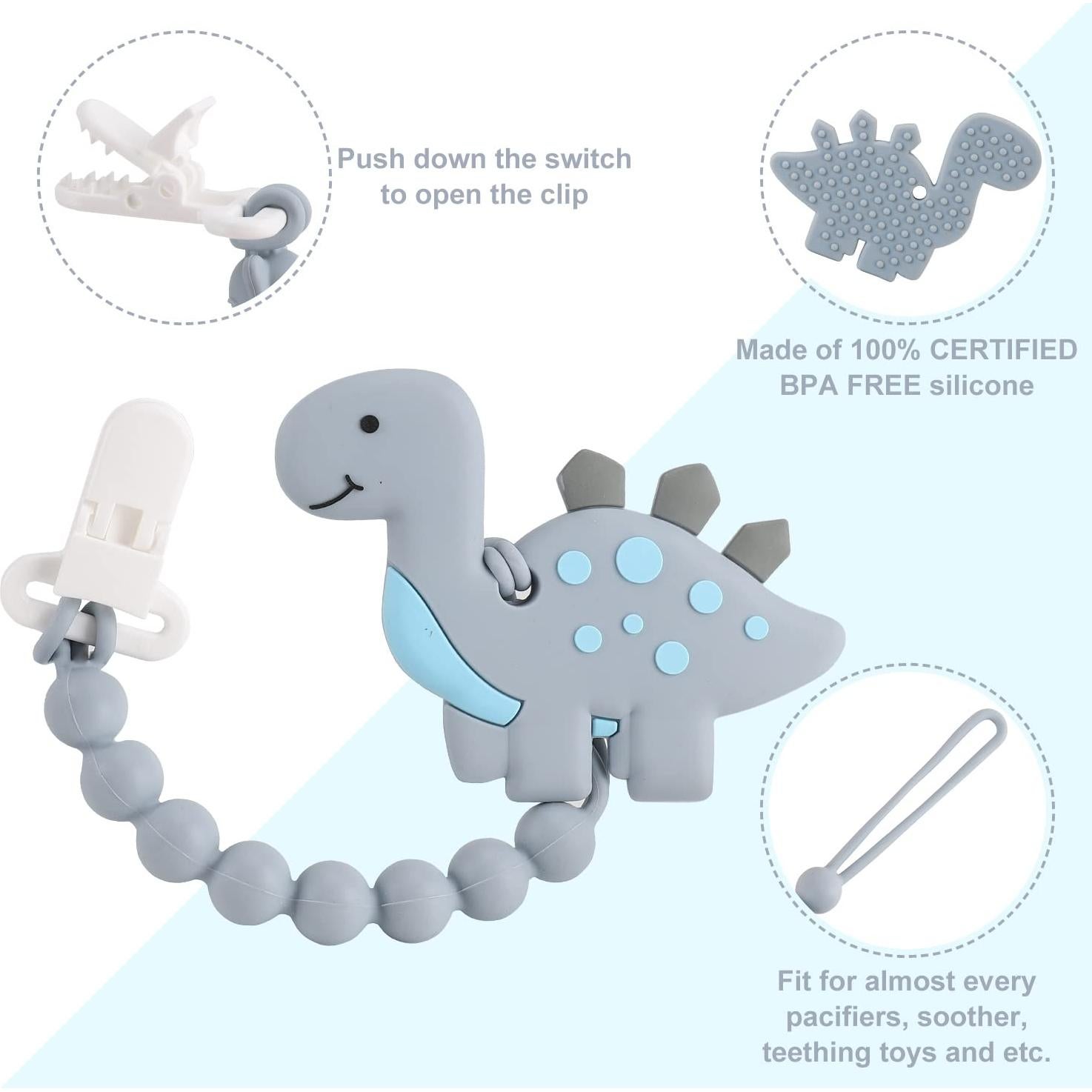 Chupete de Dinosaurio con Sujetador - Alivio Dentición Bebés