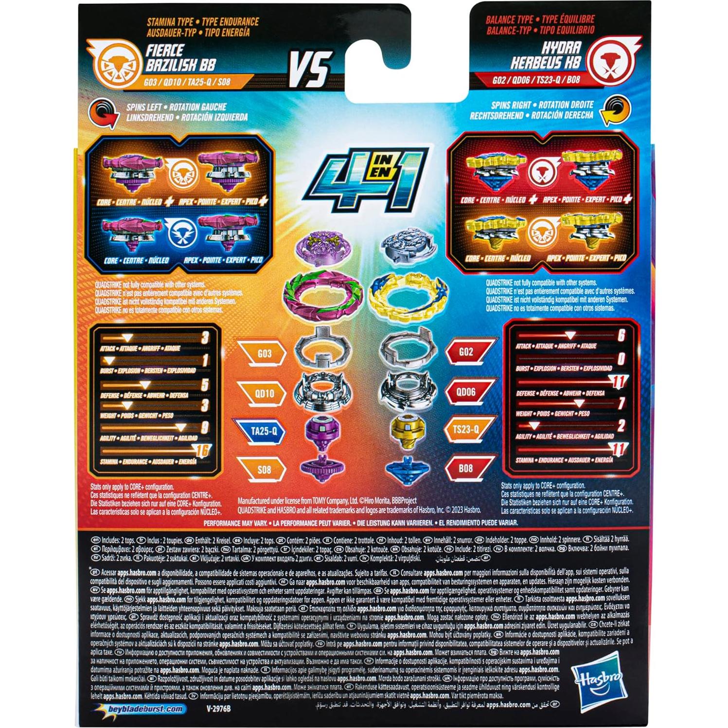 Beyblade Burst QuadStrike Doble Fierce Bazilisk B8 y Hydra Kerbeus K8