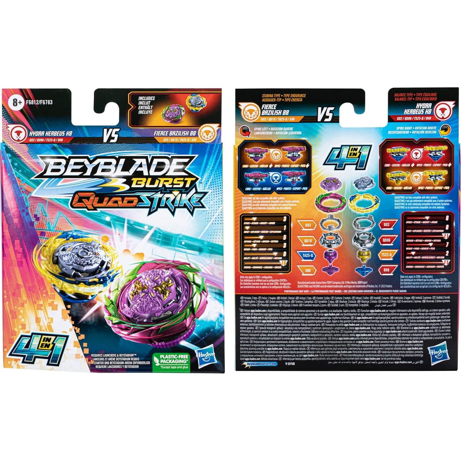 Beyblade Burst QuadStrike Doble Fierce Bazilisk B8 y Hydra Kerbeus K8