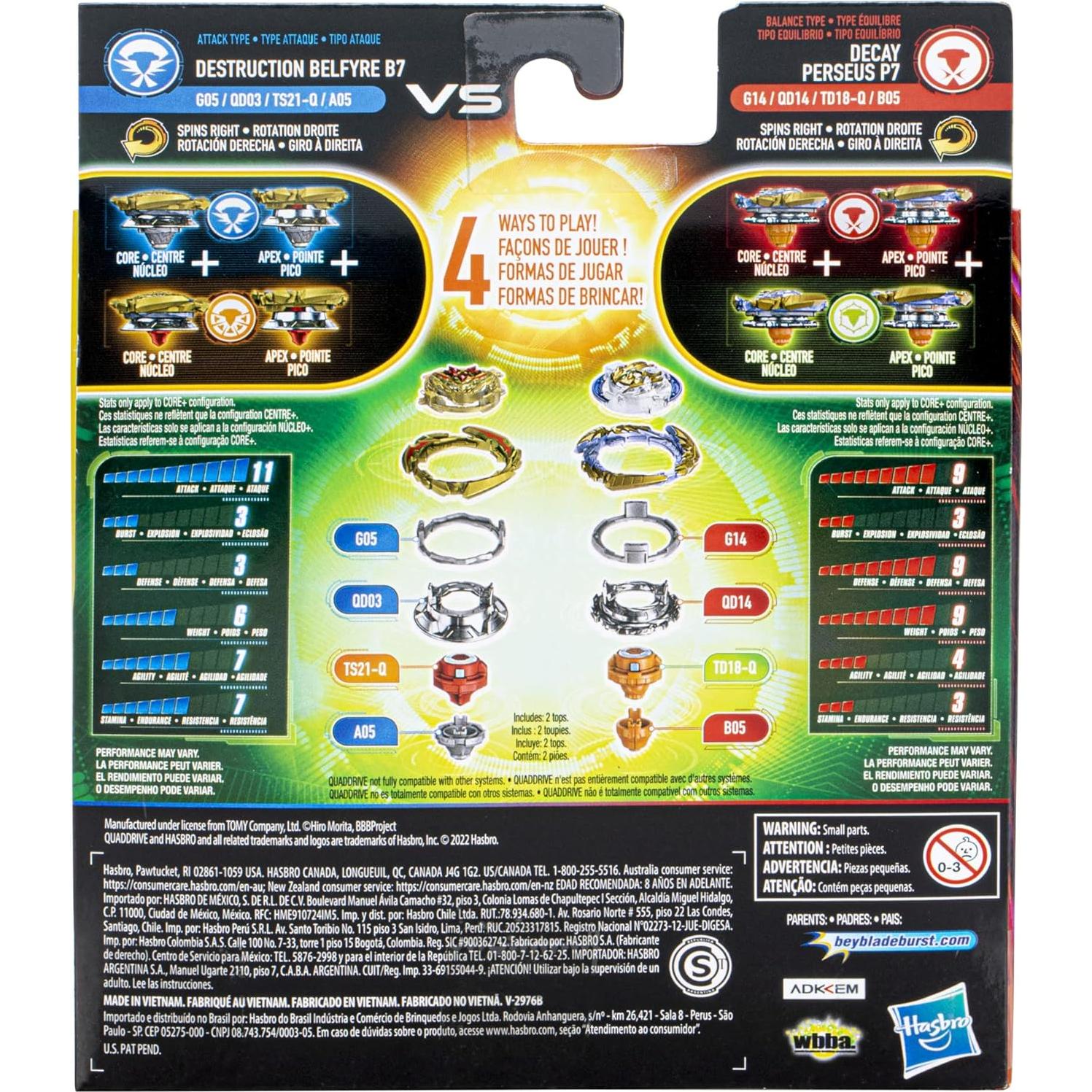 Beyblade Burst QuadDrive Doble Peonza Destruction Belfyre B7 y Decay Perseus P7 - Juguetes de Batalla