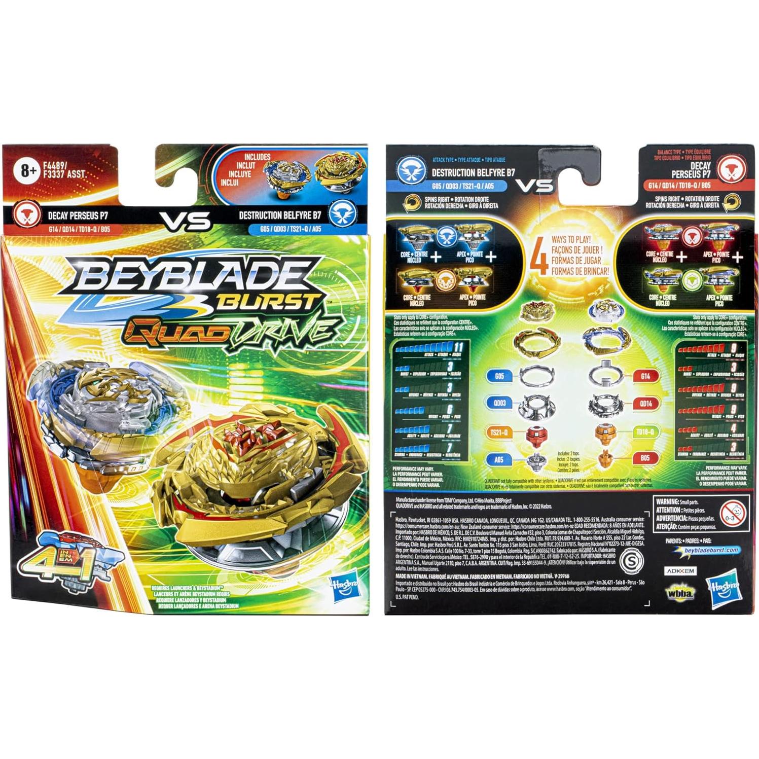 Beyblade Burst QuadDrive Doble Peonza Destruction Belfyre B7 y Decay Perseus P7 - Juguetes de Batalla