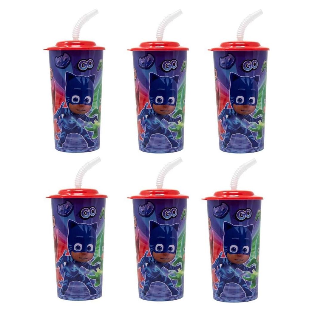 Paquete de 6 Vasos Reutilizables PJ Masks 473ml con Tapas y Pajitas