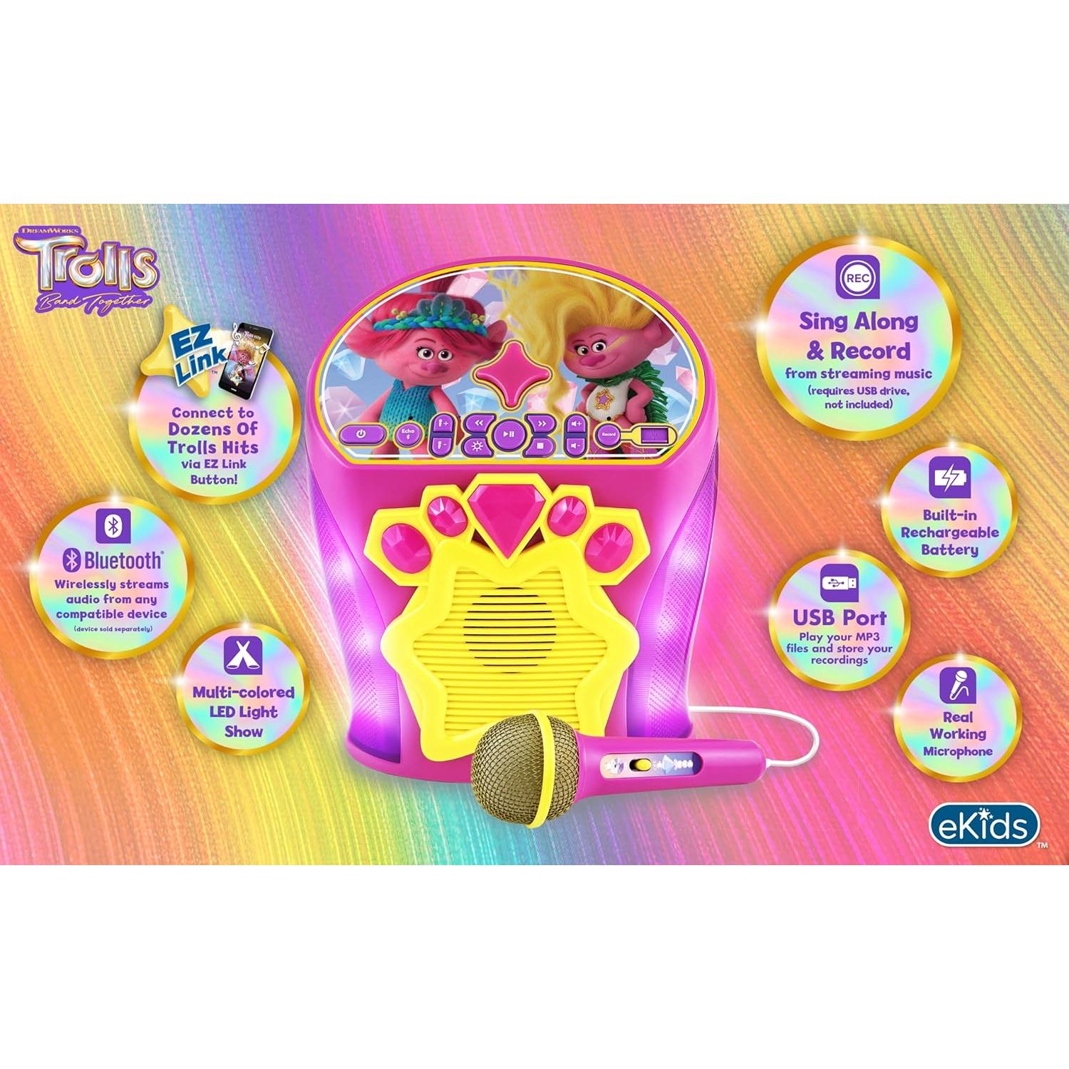 Máquina de Karaoke eKids Trolls Rosa con Micrófono y Bluetooth