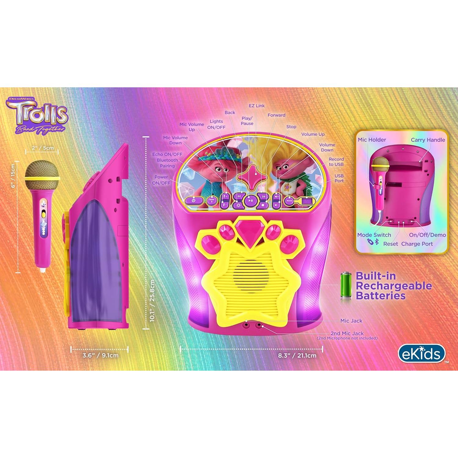 Máquina de Karaoke eKids Trolls Rosa con Micrófono y Bluetooth