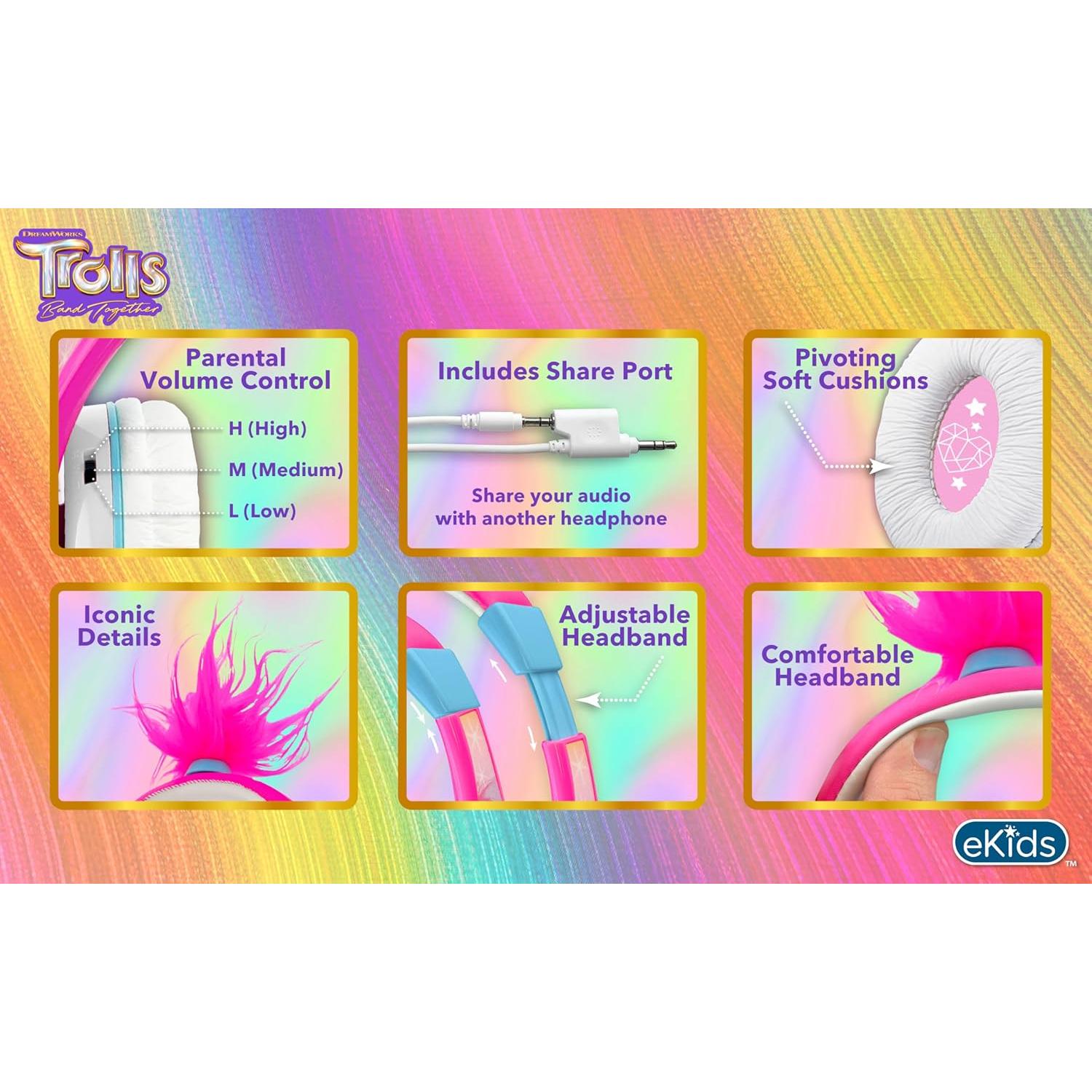 Auriculares con cable eKids Trolls TR-140 para niños - Control de volumen