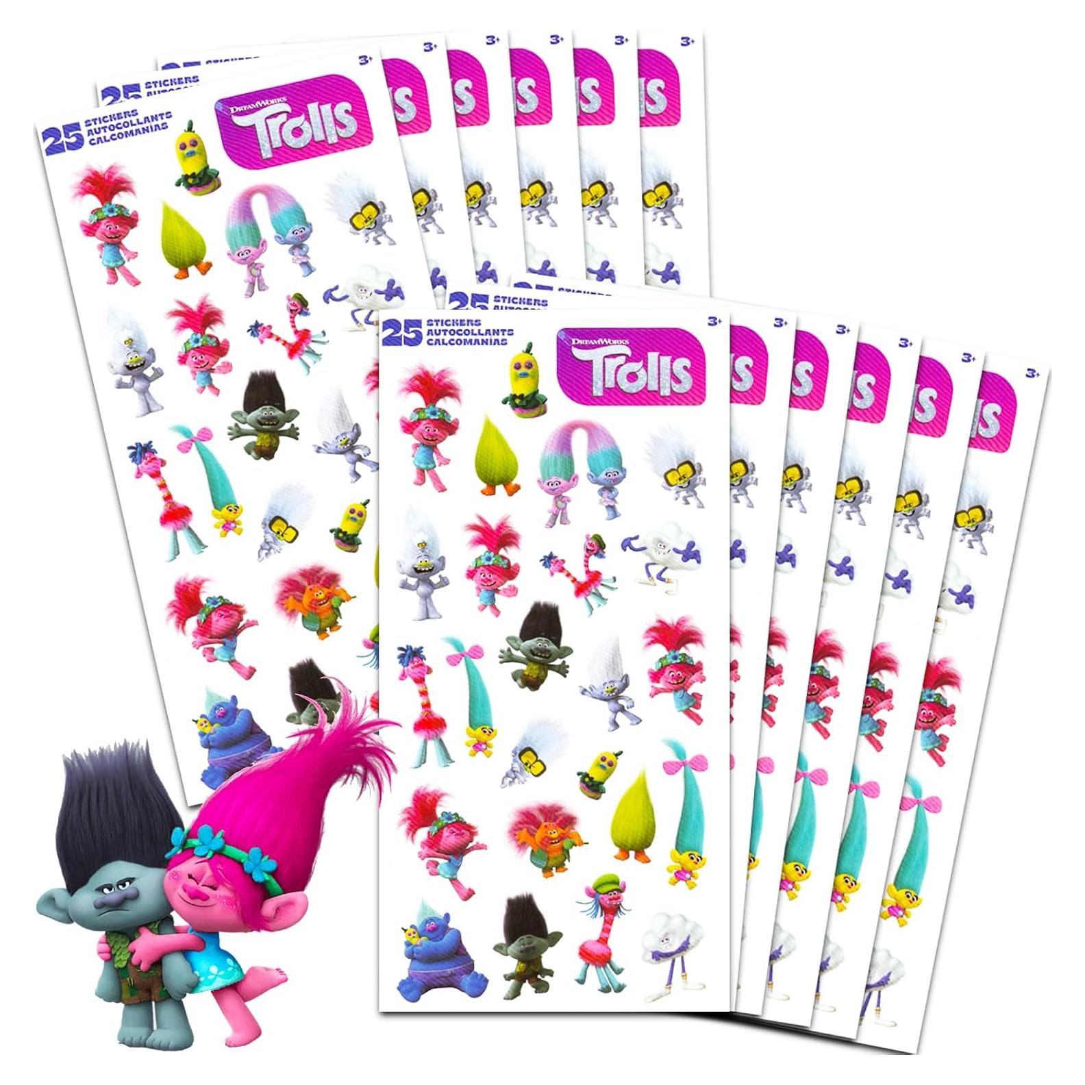 Paquete de 12 Hojas de Pegatinas de Trolls para Cumpleaños