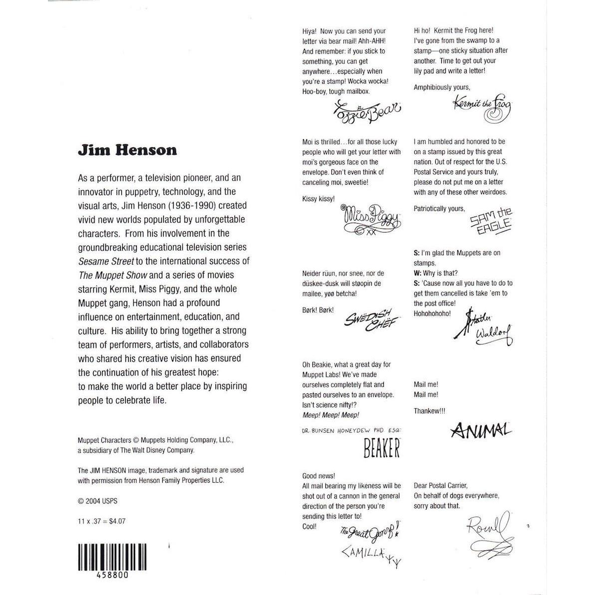 Hoja de Sellos Postales Jim Henson y Muppets - 11 Sellos 2005