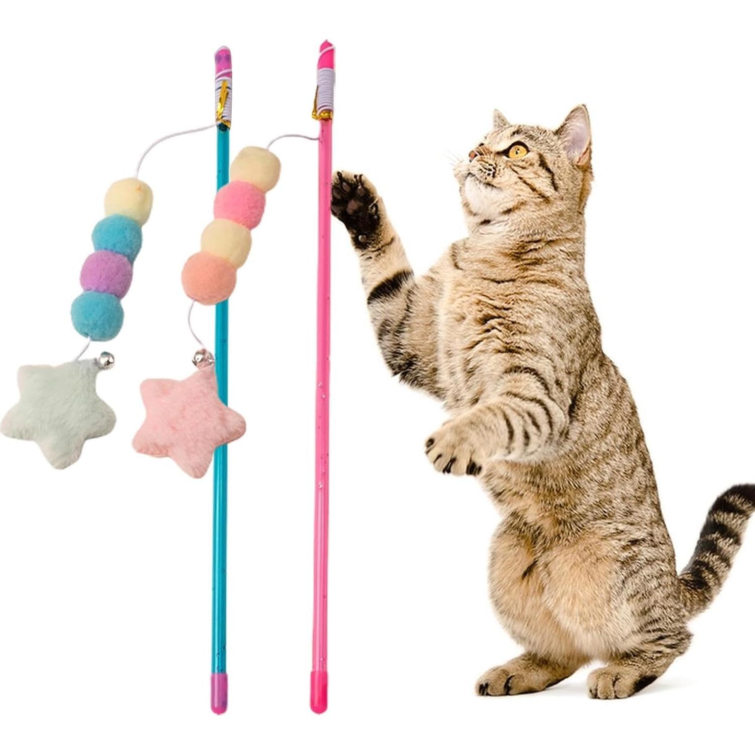 Juguete de Varita para Gato BWESOO Rosa con Cuerda y Peluche