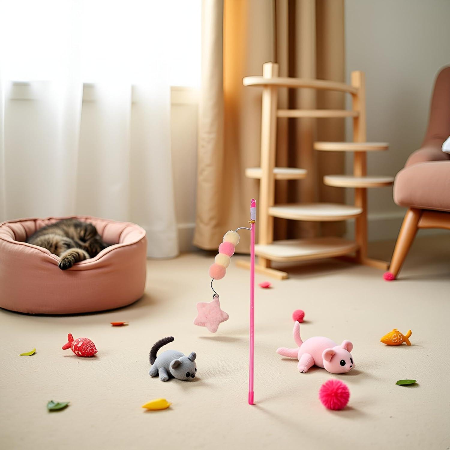 Juguete de Varita para Gato BWESOO Rosa con Cuerda y Peluche