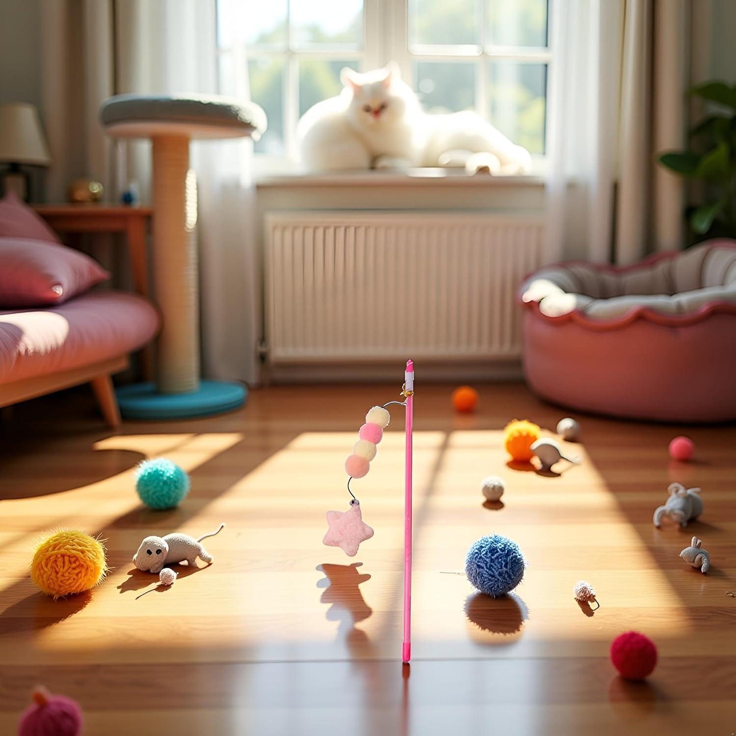 Juguete de Varita para Gato BWESOO Rosa con Cuerda y Peluche