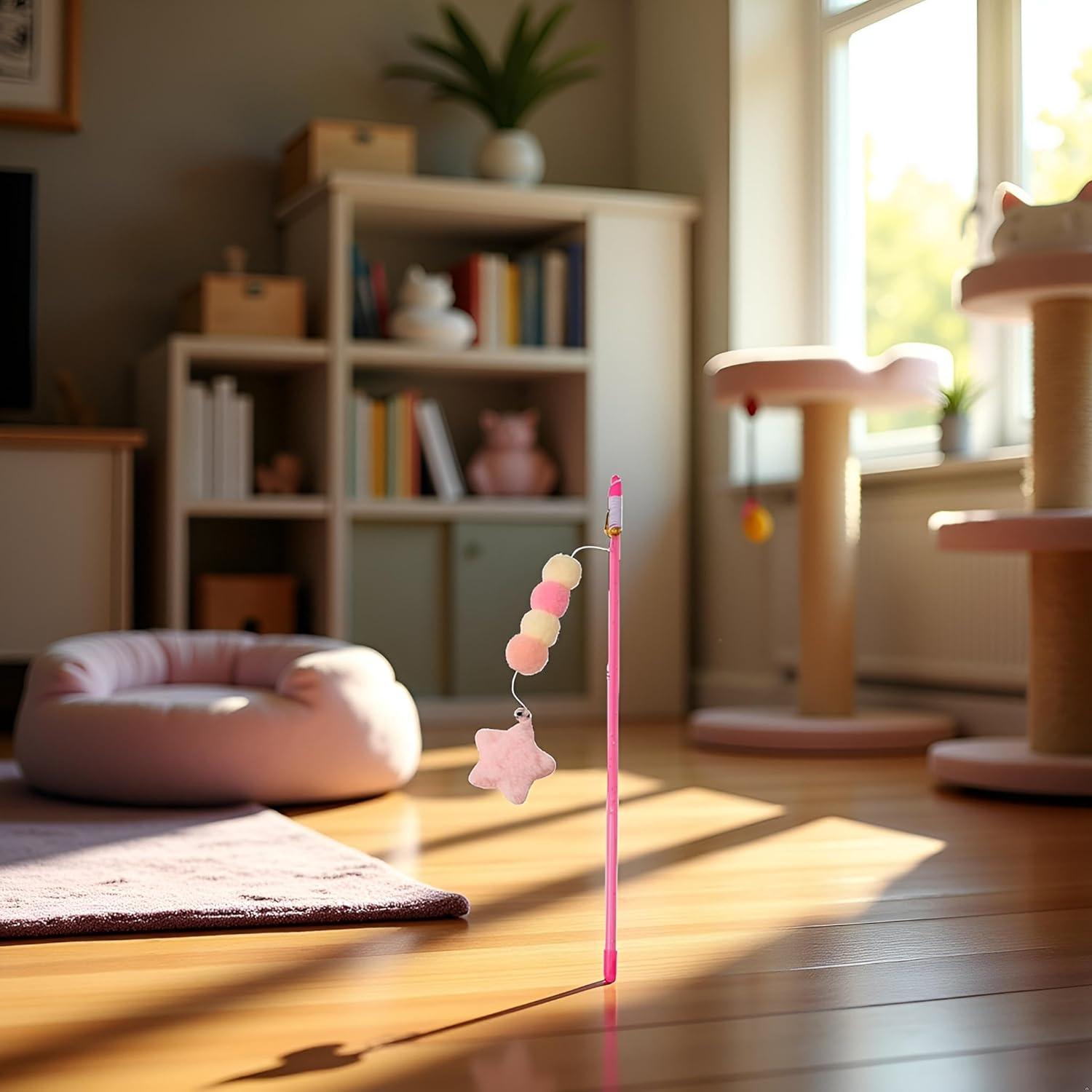 Juguete de Varita para Gato BWESOO Rosa con Cuerda y Peluche