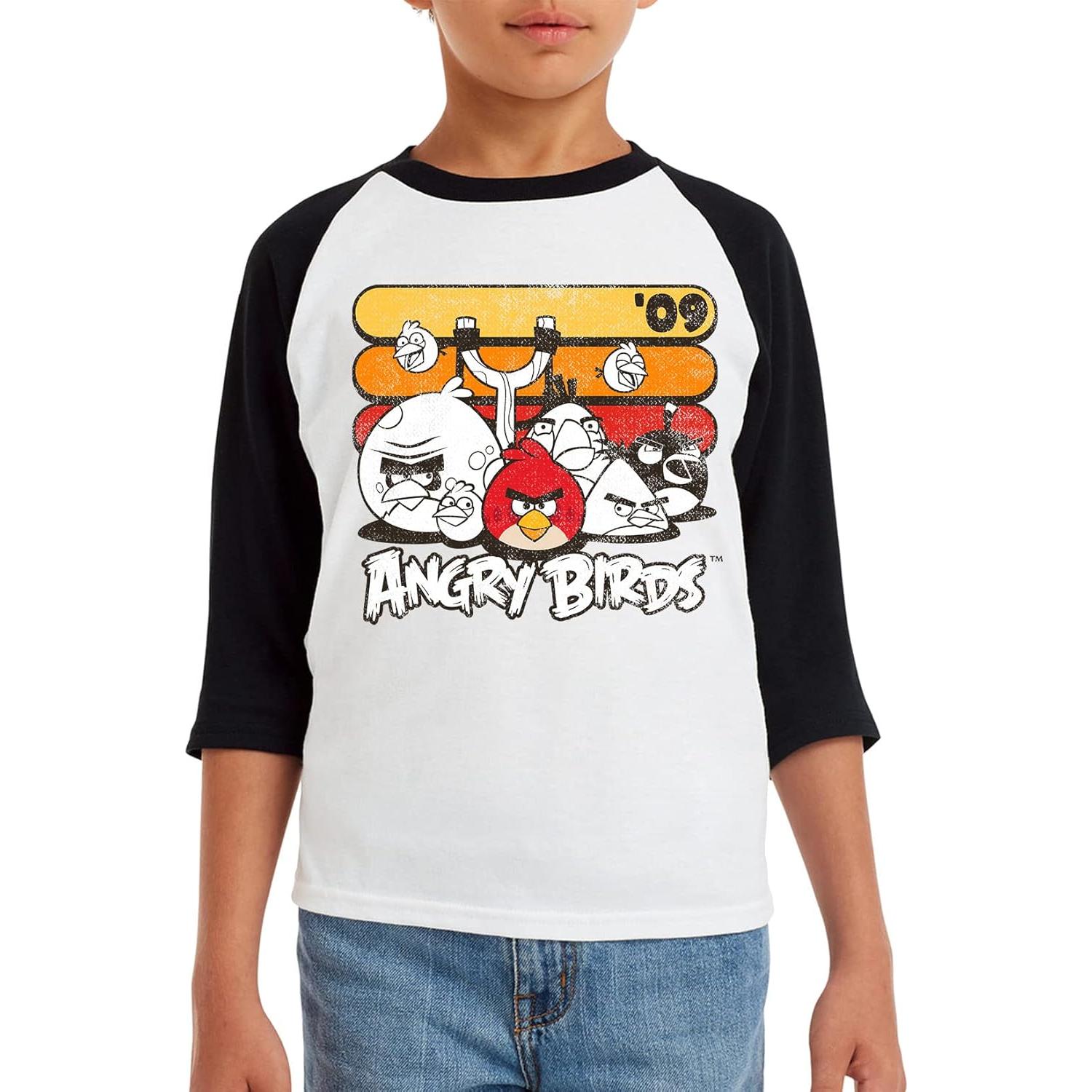 Camiseta Raglan Retro Angry Birds 3/4 Manga 100% Algodón