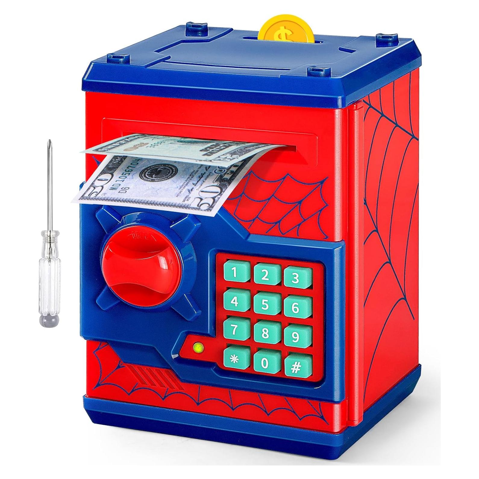 ATM Piggy Bank for Boys Girls, Vcertcpl Mini ATM Coin Bank Money Saving Box with Password, Kids Safe Money Jar for Adults with Auto Grab Bill Slot, Great Gift Toy Bank for Kids S Red