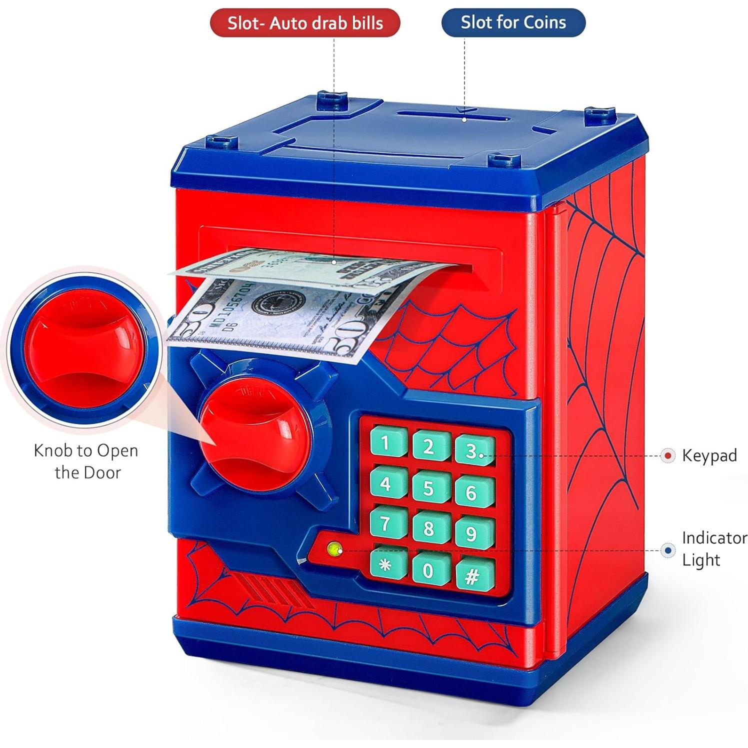 ATM Piggy Bank for Boys Girls, Vcertcpl Mini ATM Coin Bank Money Saving Box with Password, Kids Safe Money Jar for Adults with Auto Grab Bill Slot, Great Gift Toy Bank for Kids S Red