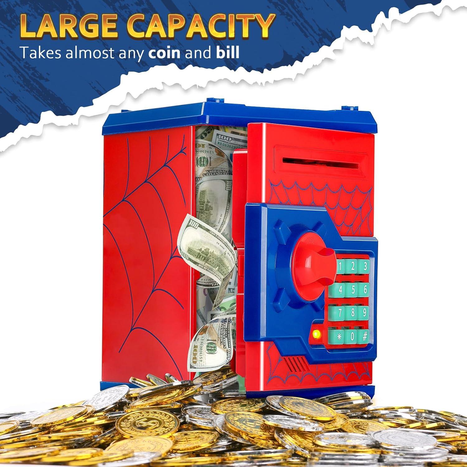 ATM Piggy Bank for Boys Girls, Vcertcpl Mini ATM Coin Bank Money Saving Box with Password, Kids Safe Money Jar for Adults with Auto Grab Bill Slot, Great Gift Toy Bank for Kids S Red