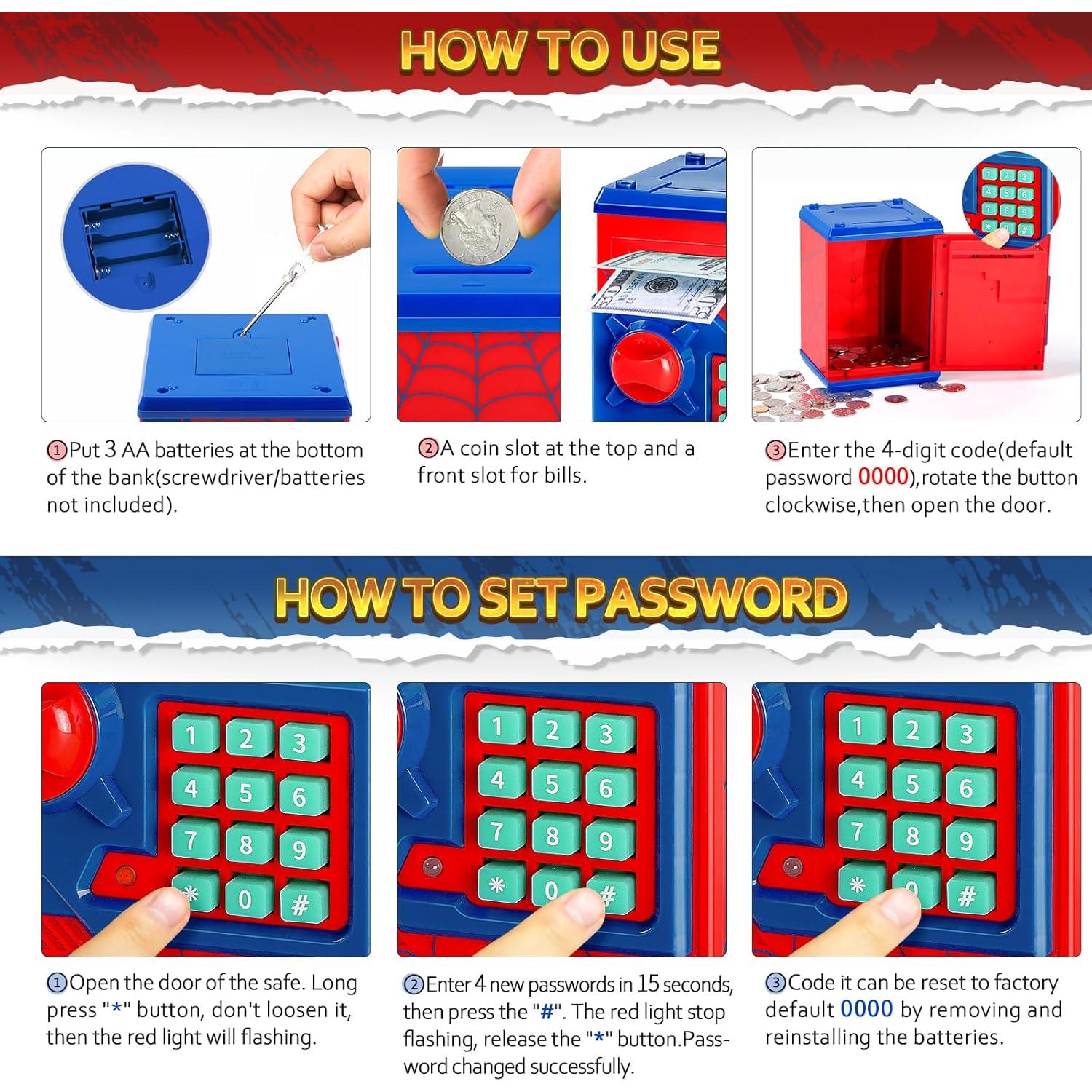 ATM Piggy Bank for Boys Girls, Vcertcpl Mini ATM Coin Bank Money Saving Box with Password, Kids Safe Money Jar for Adults with Auto Grab Bill Slot, Great Gift Toy Bank for Kids S Red