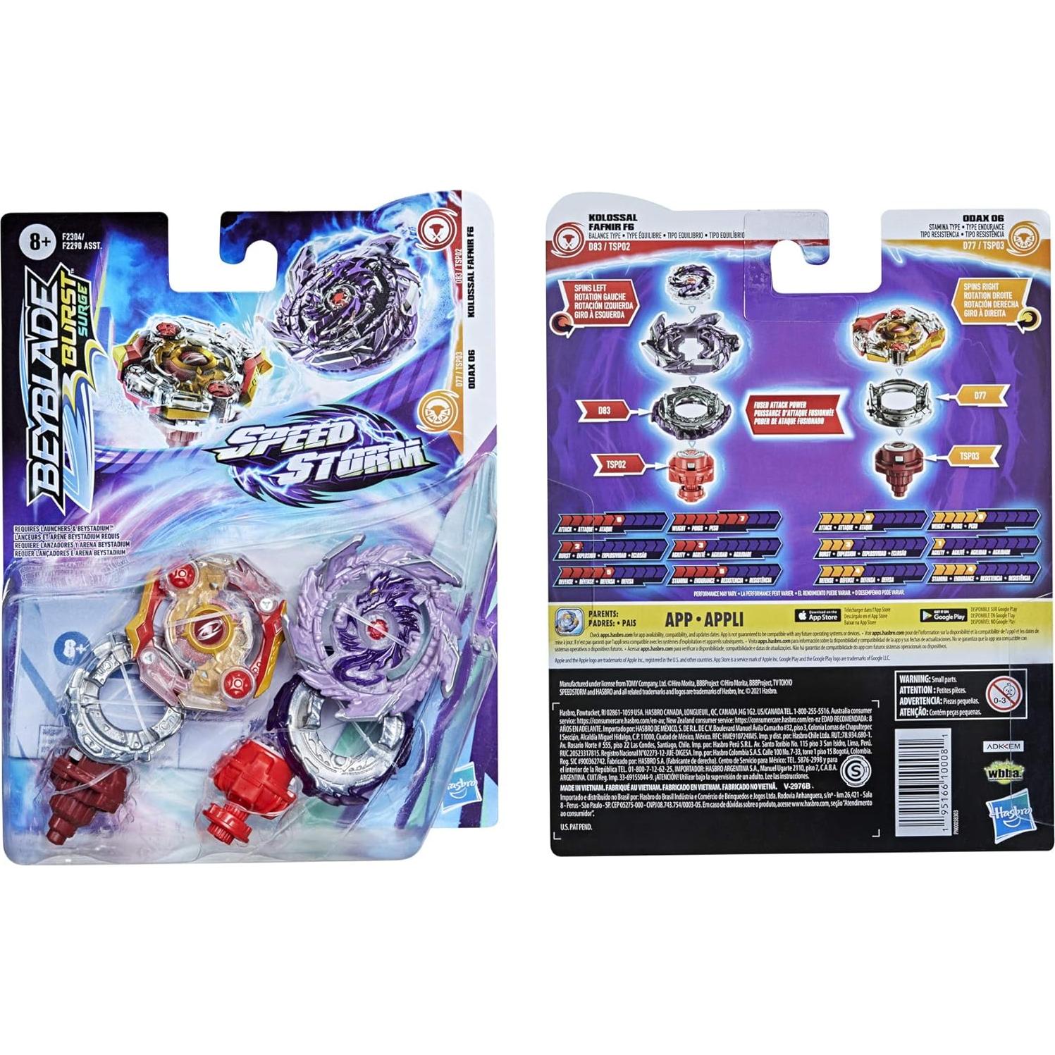 Beyblade Burst Speedstorm Kolossal Fafnir F6 y Odax O6 - 2 Peonzas de Batalla