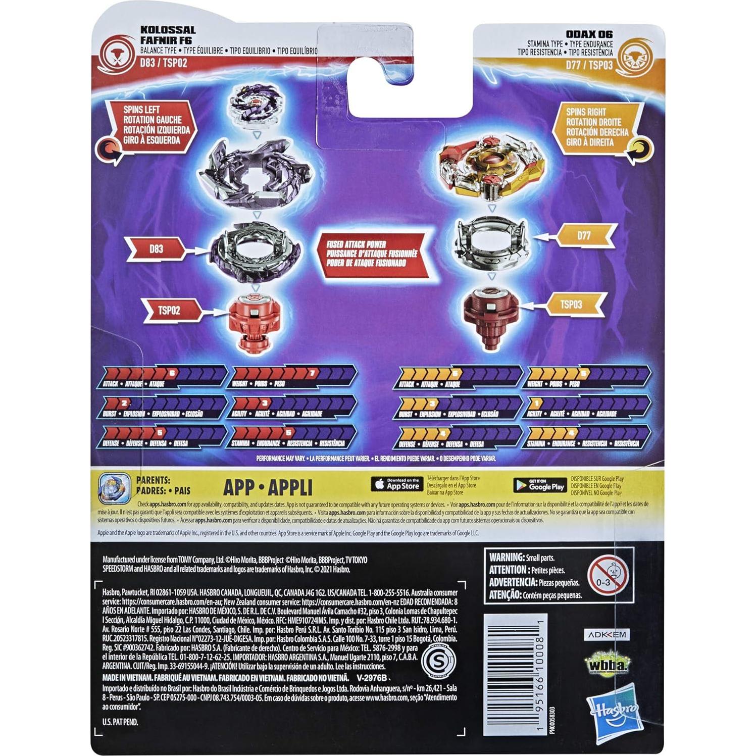 Beyblade Burst Speedstorm Kolossal Fafnir F6 y Odax O6 - 2 Peonzas de Batalla