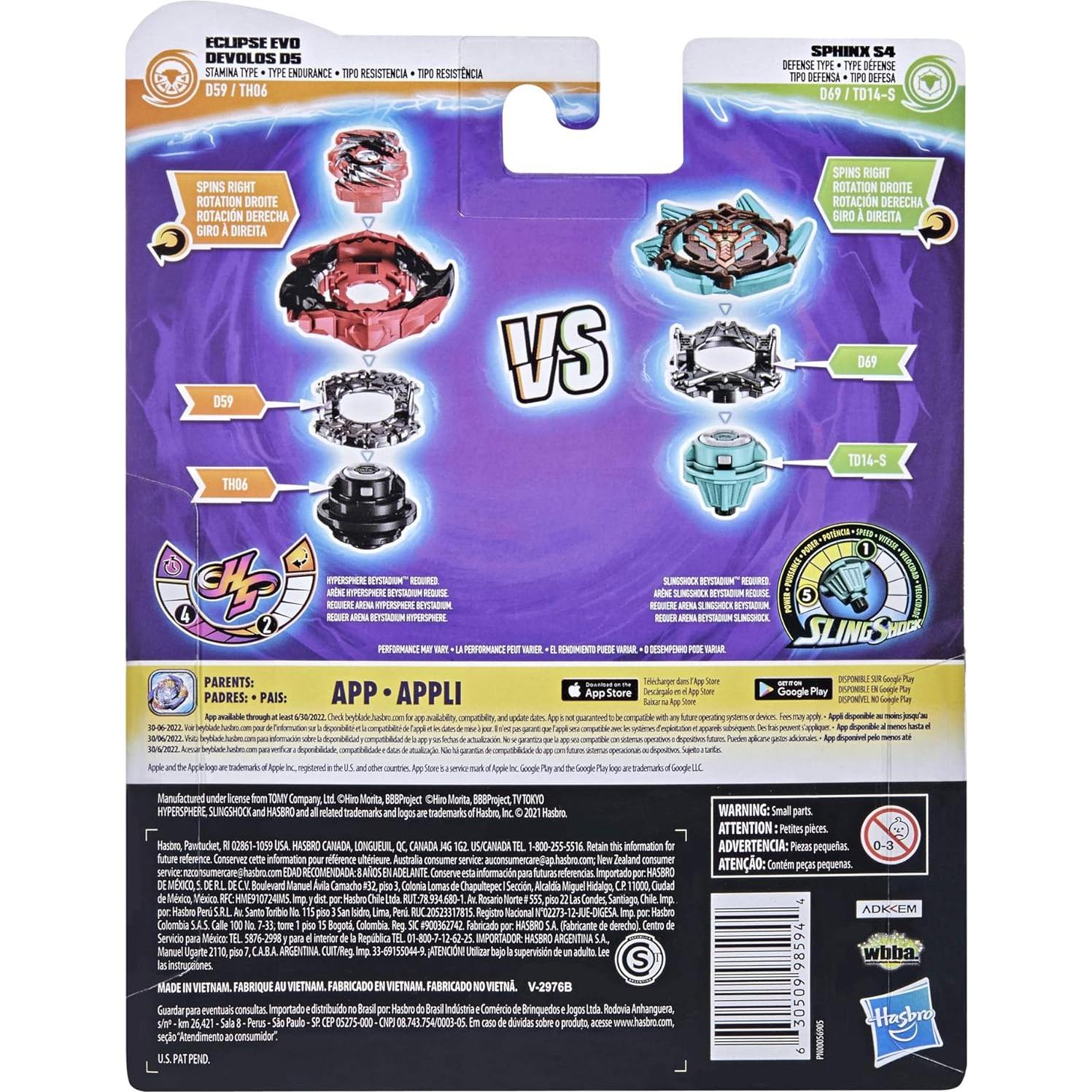 Paquete Dual Beyblade Burst Hasbro: Eclipse Evo Devolos D5 y Sphinx S4