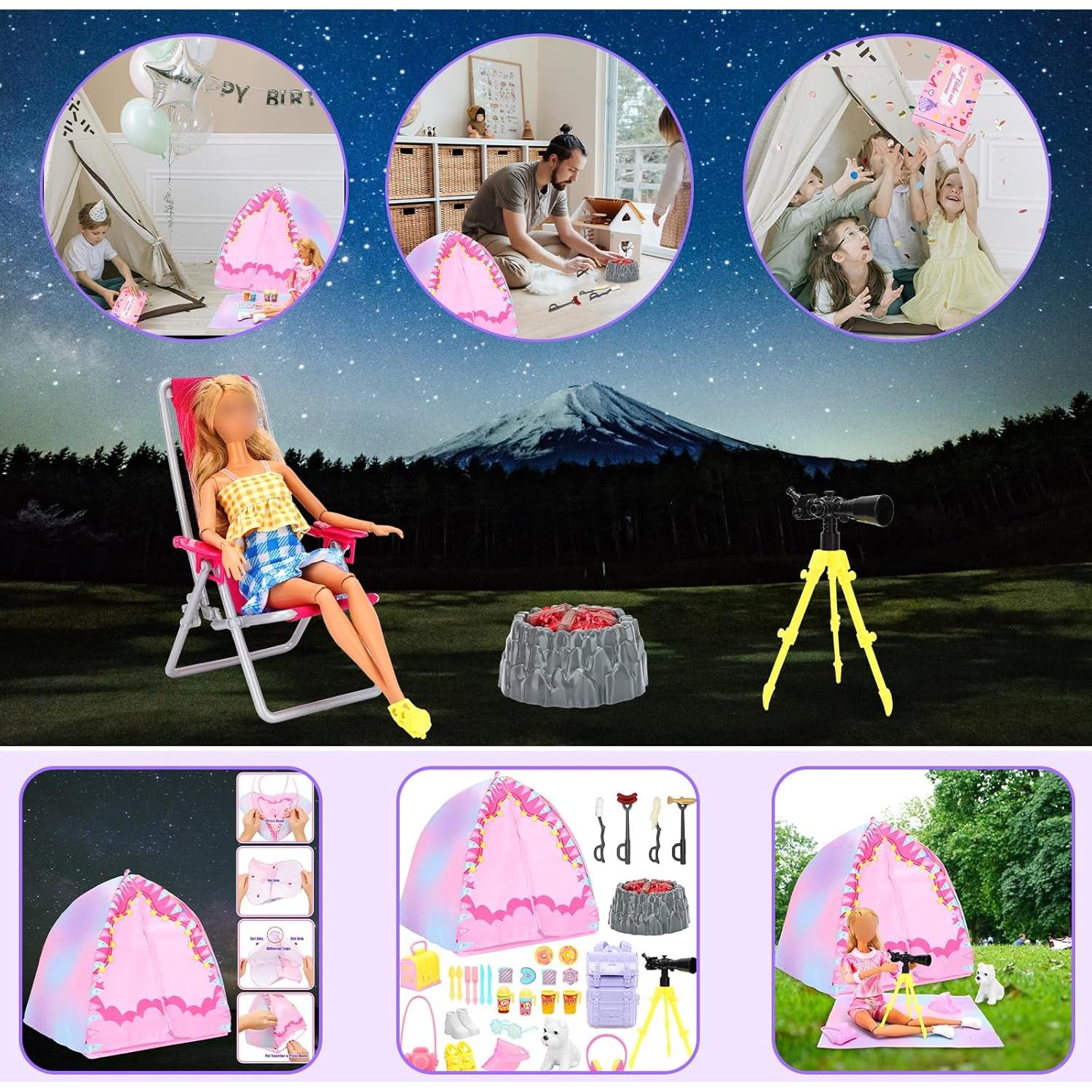 Juego de Camping para Muñecas Miunana 35 PCS - Carpa, BBQ, Telescopio