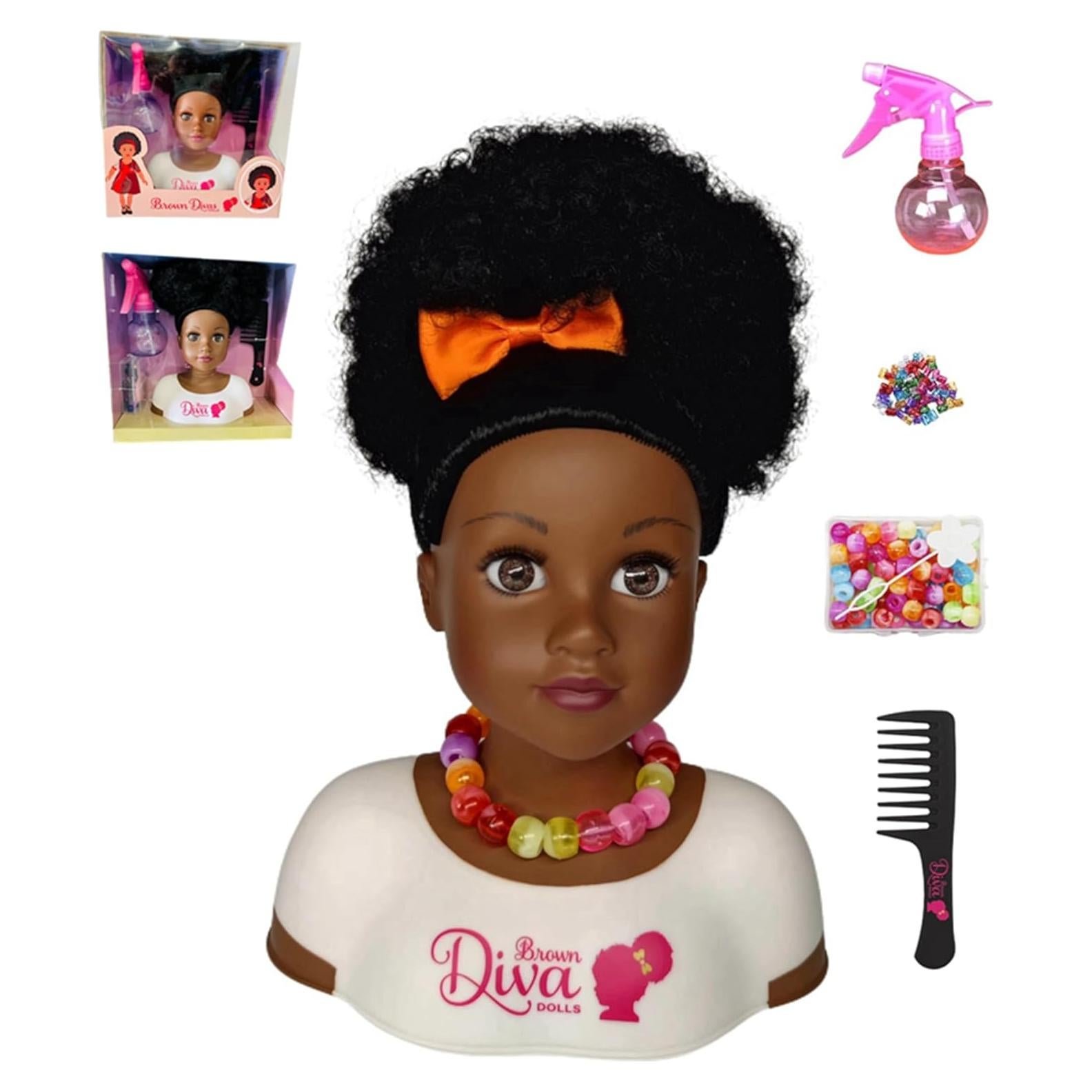 Muñeca Africana Negra con Cabello Rizado y 5 Accesorios