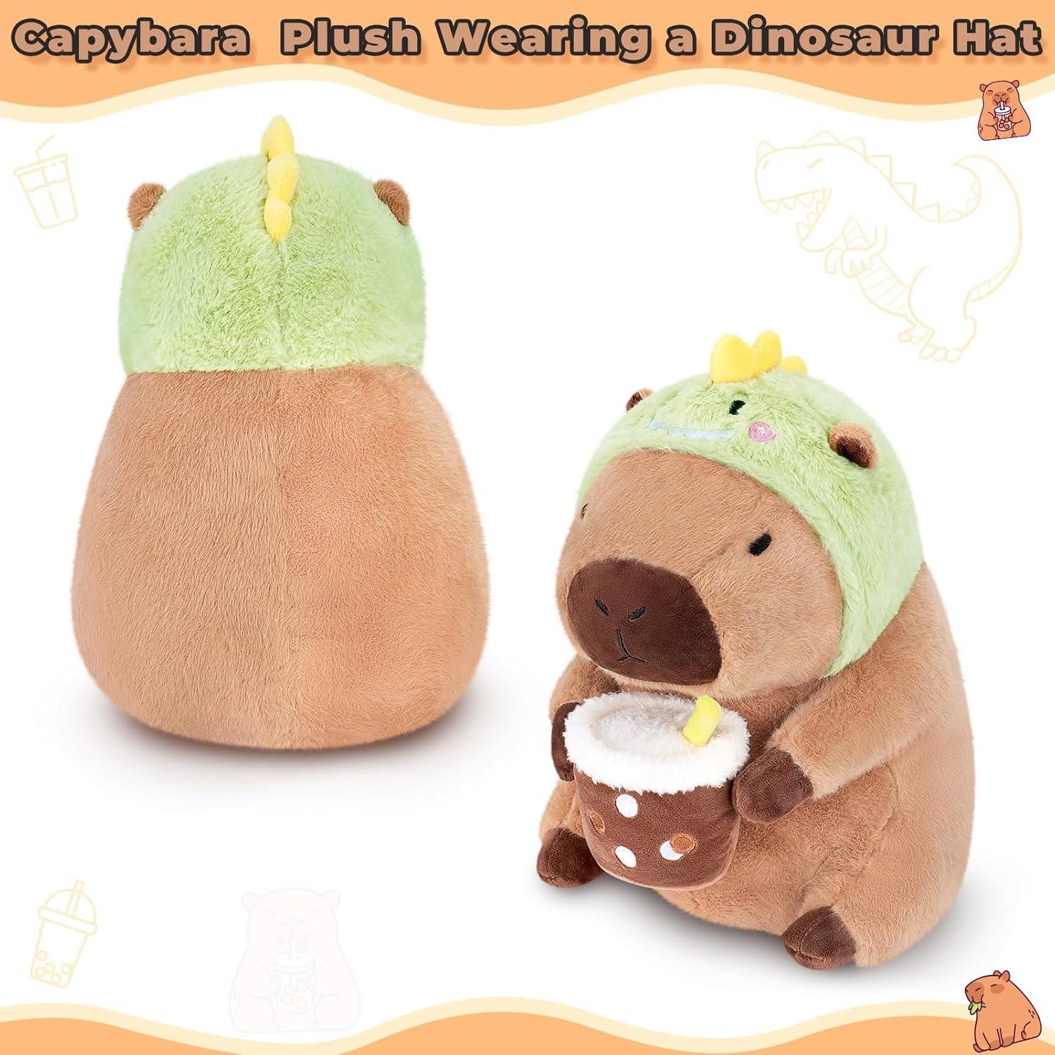 Peluche Capibara Achwishap 30 cm con Sombrero de Dinosaurio