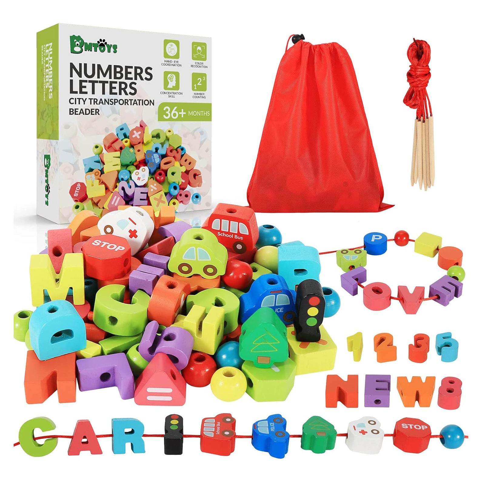 BMTOYS Juguete de Enhebrado de Madera Alfabeto y Números