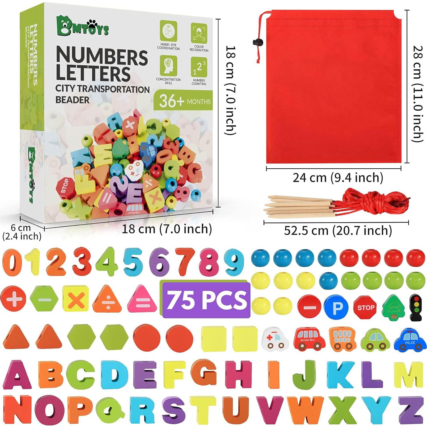 BMTOYS Juguete de Enhebrado de Madera Alfabeto y Números