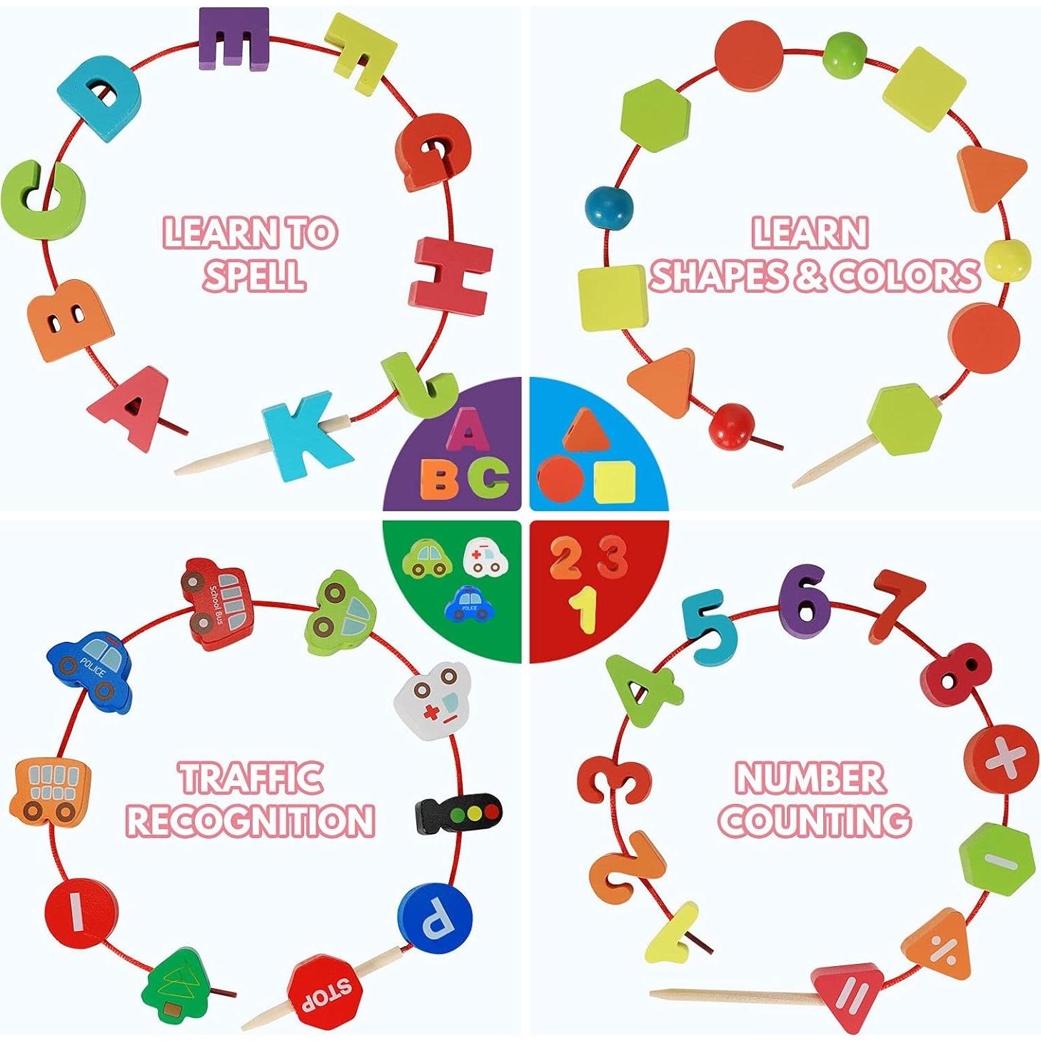 BMTOYS Juguete de Enhebrado de Madera Alfabeto y Números