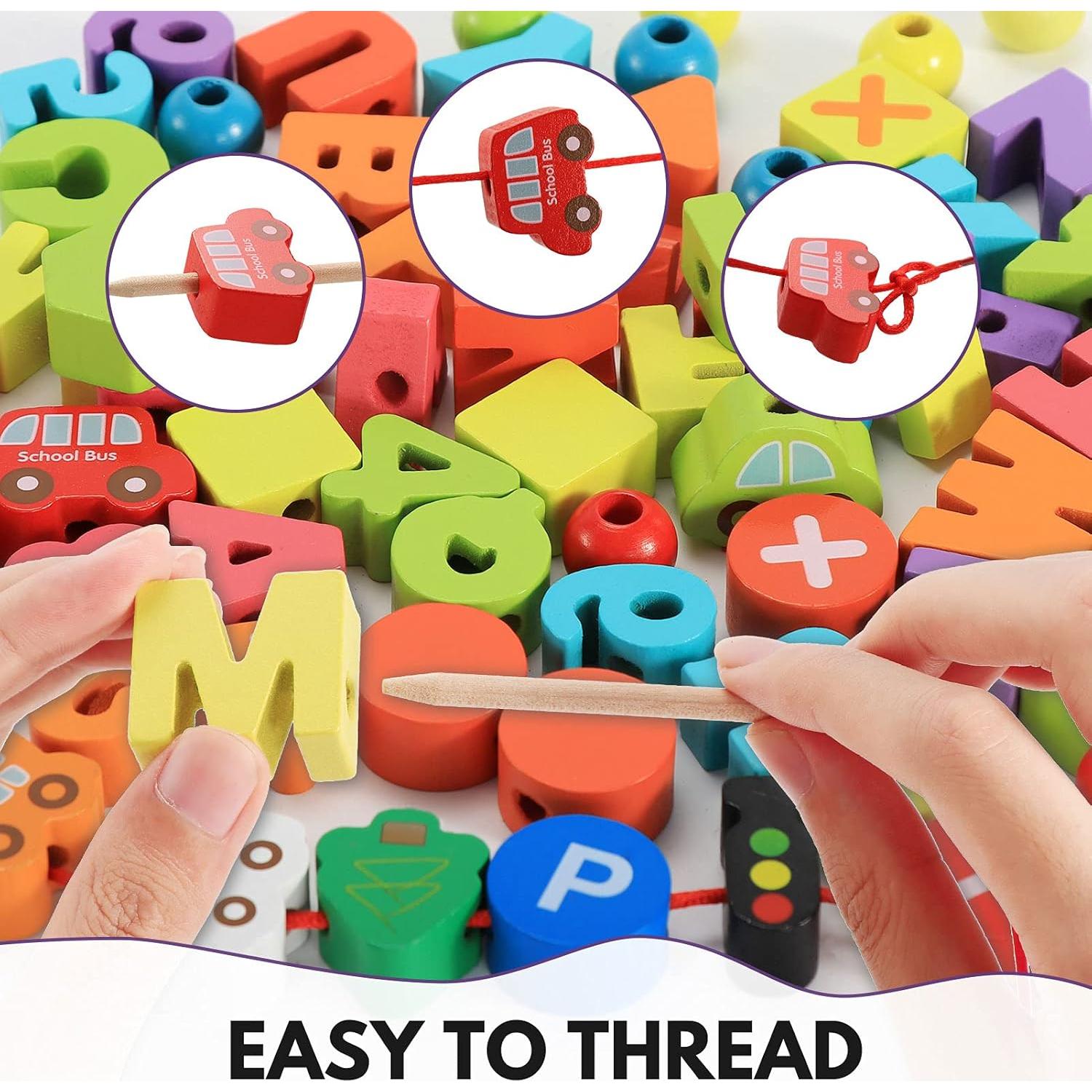 BMTOYS Juguete de Enhebrado de Madera Alfabeto y Números