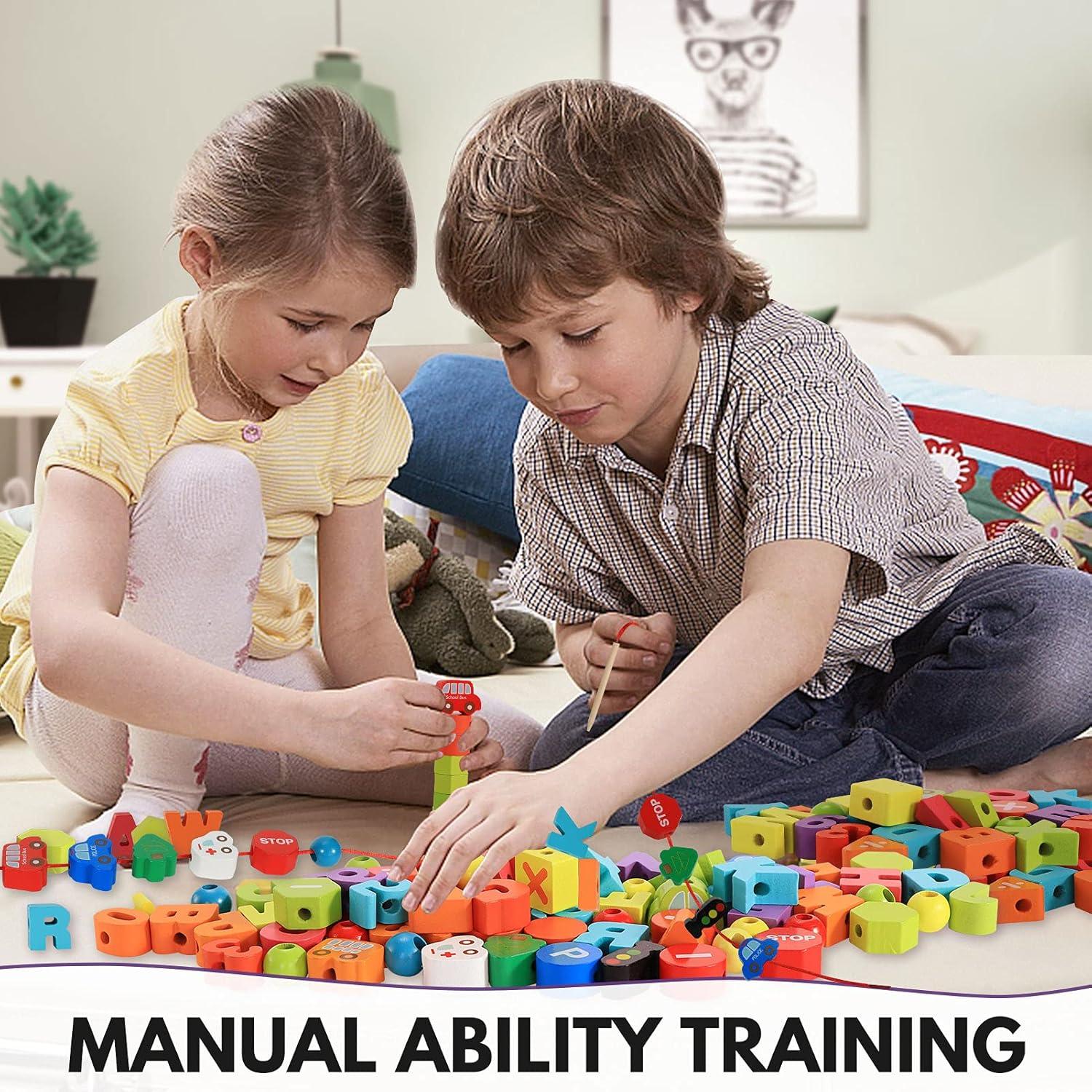 BMTOYS Juguete de Enhebrado de Madera Alfabeto y Números