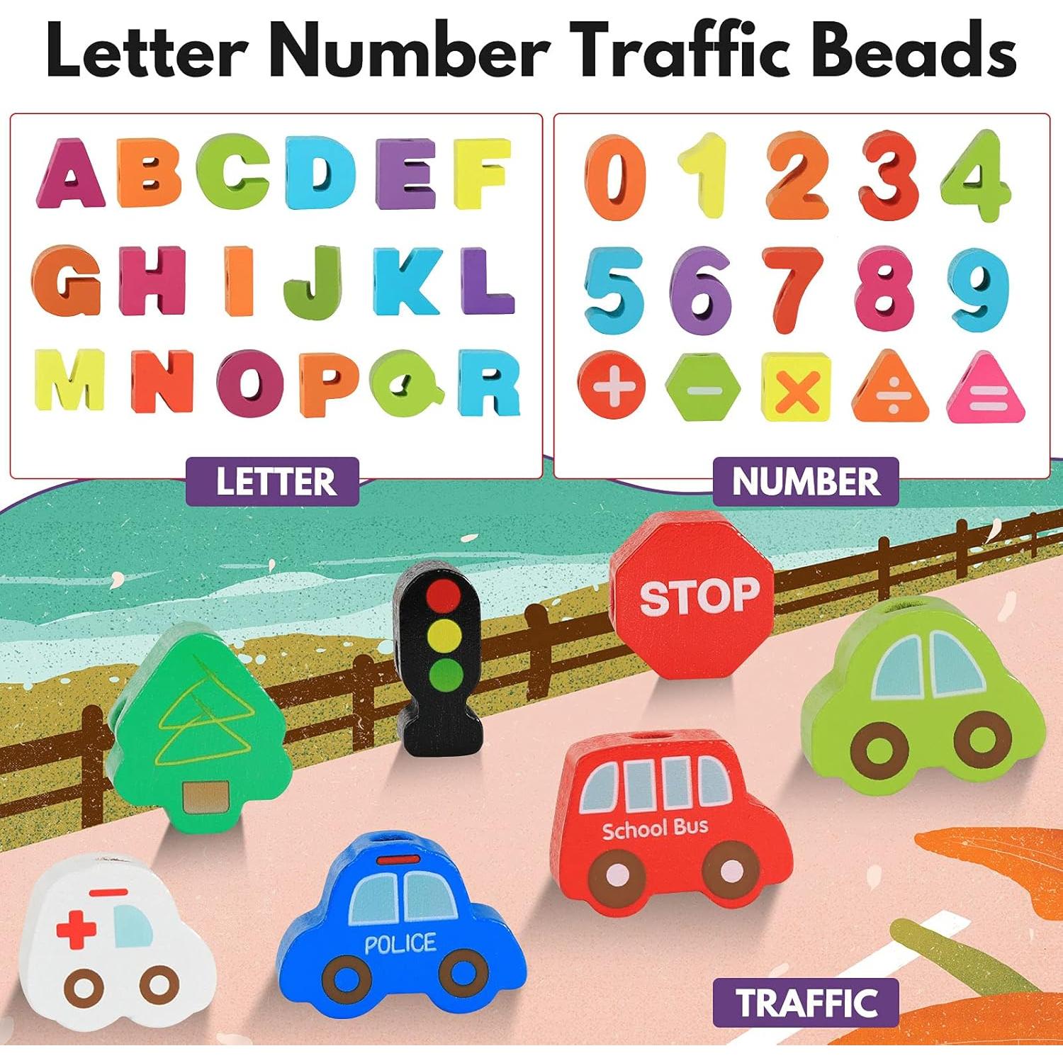 BMTOYS Juguete de Enhebrado de Madera Alfabeto y Números