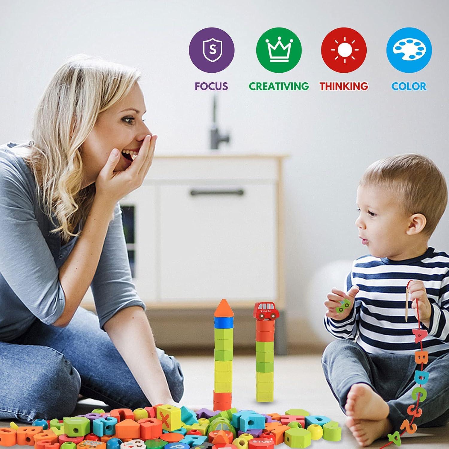 BMTOYS Juguete de Enhebrado de Madera Alfabeto y Números