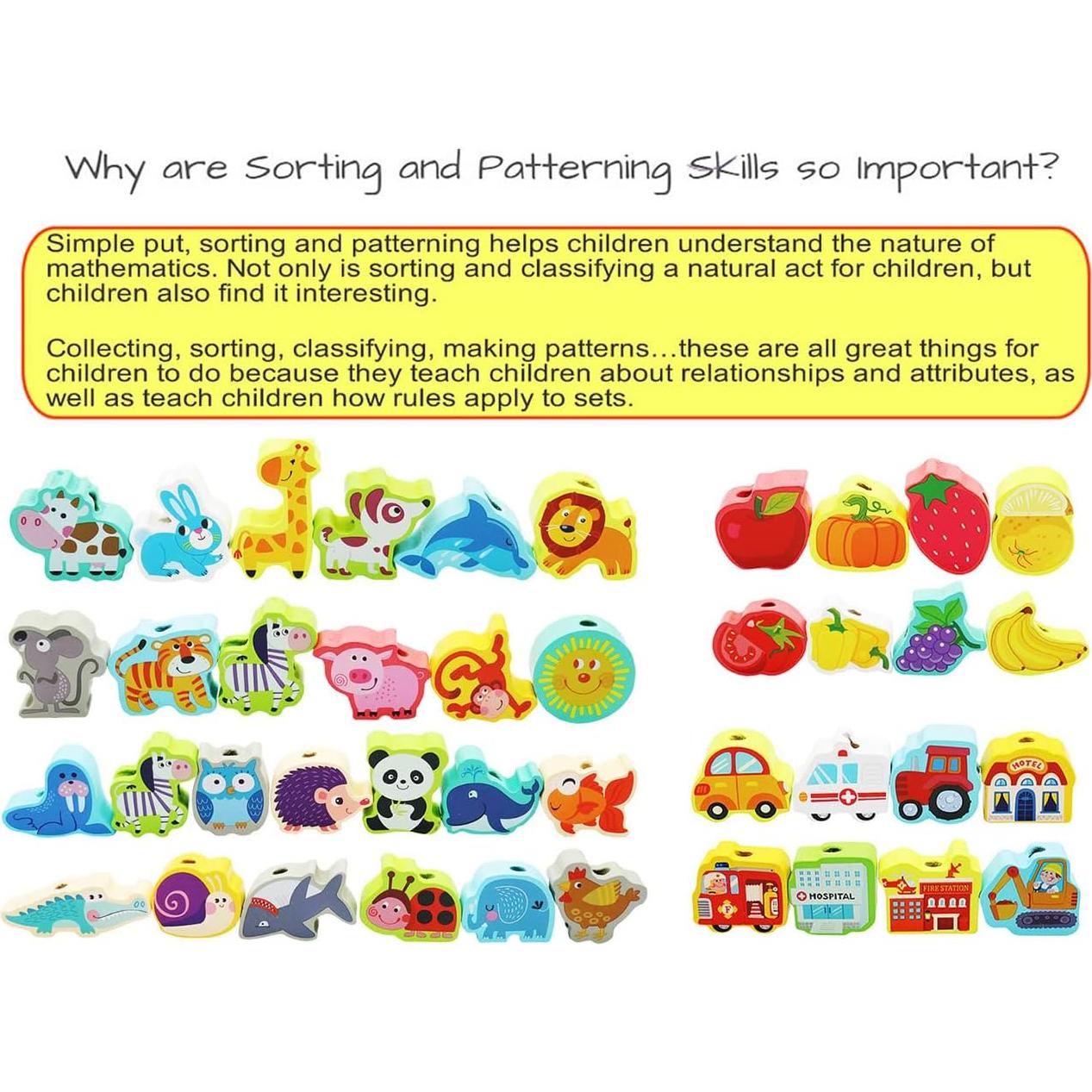 BMTOYS Cuentas de Enhebrar de Madera para Niños 3+