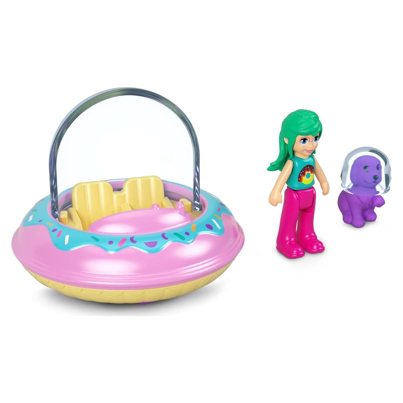Vehículo de metal Polly Pocket con muñeca y mascota - Tema donut UFO