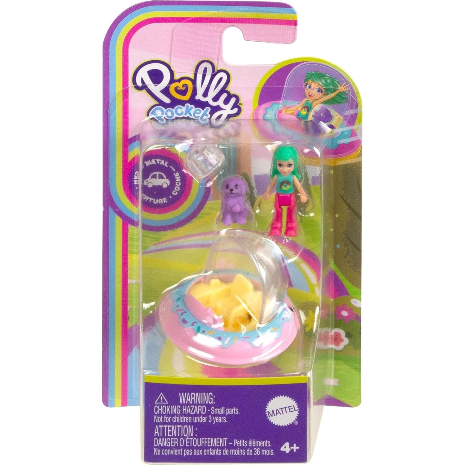 Vehículo de metal Polly Pocket con muñeca y mascota - Tema donut UFO