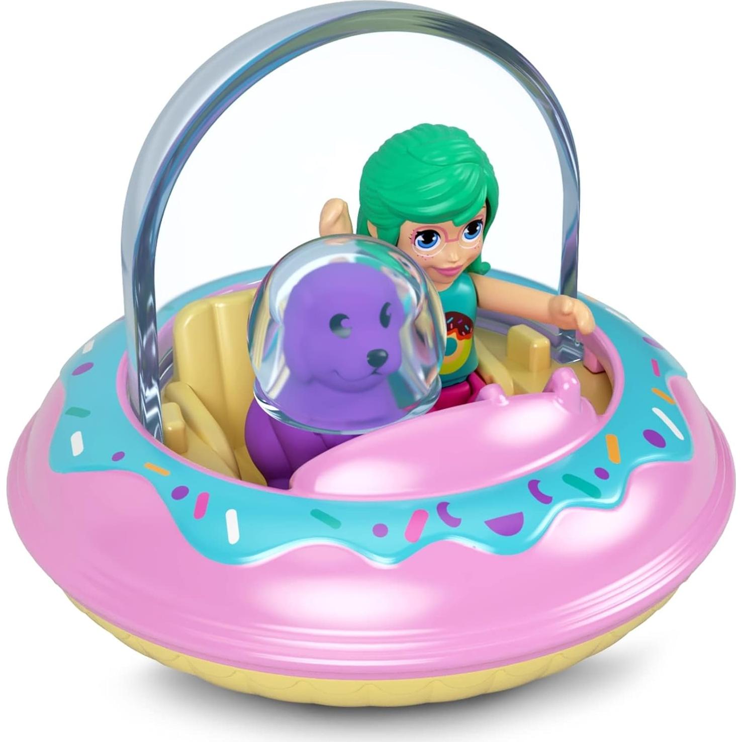 Vehículo de metal Polly Pocket con muñeca y mascota - Tema donut UFO
