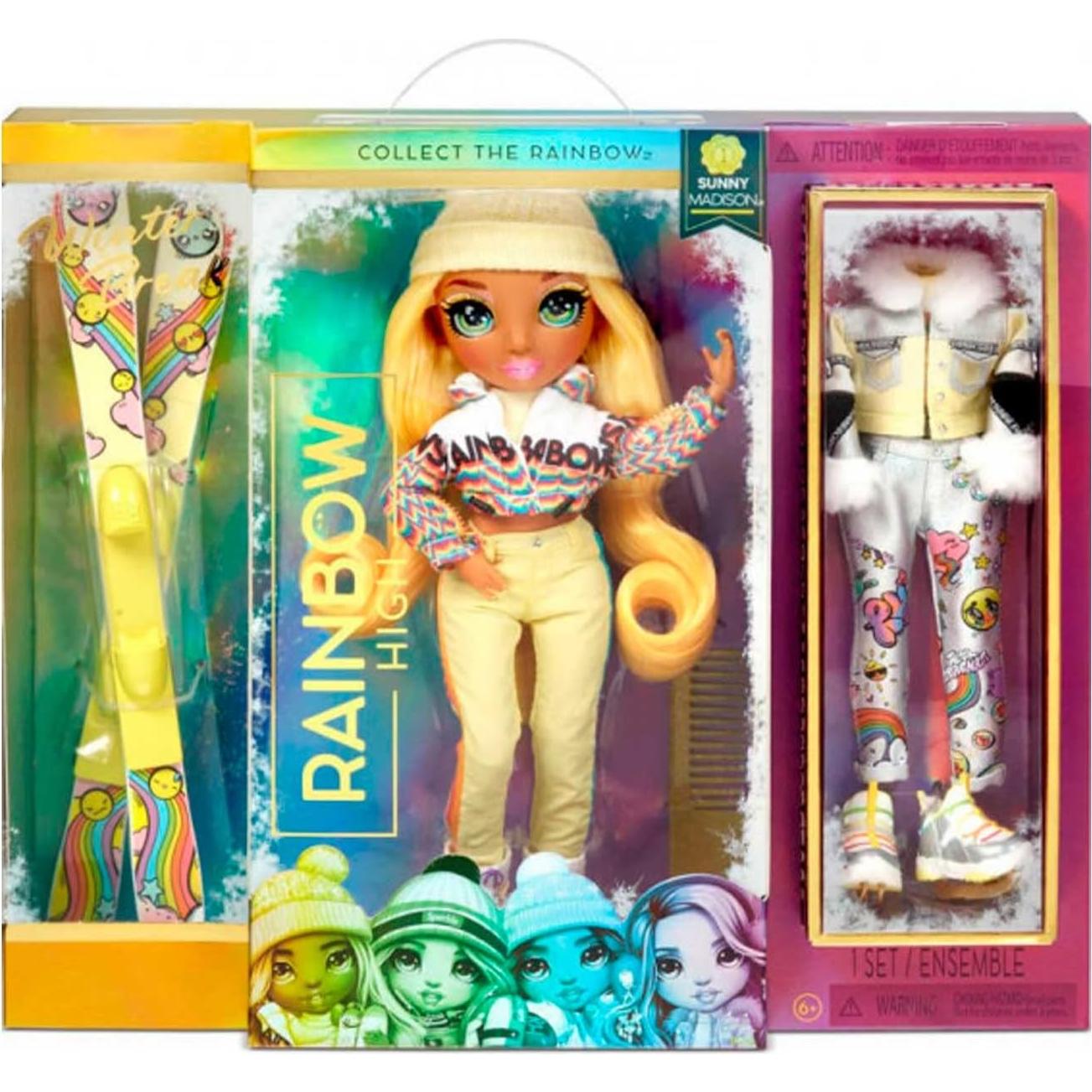 Muñeca de moda Sunny Madison Rainbow High con 2 atuendos y esquís